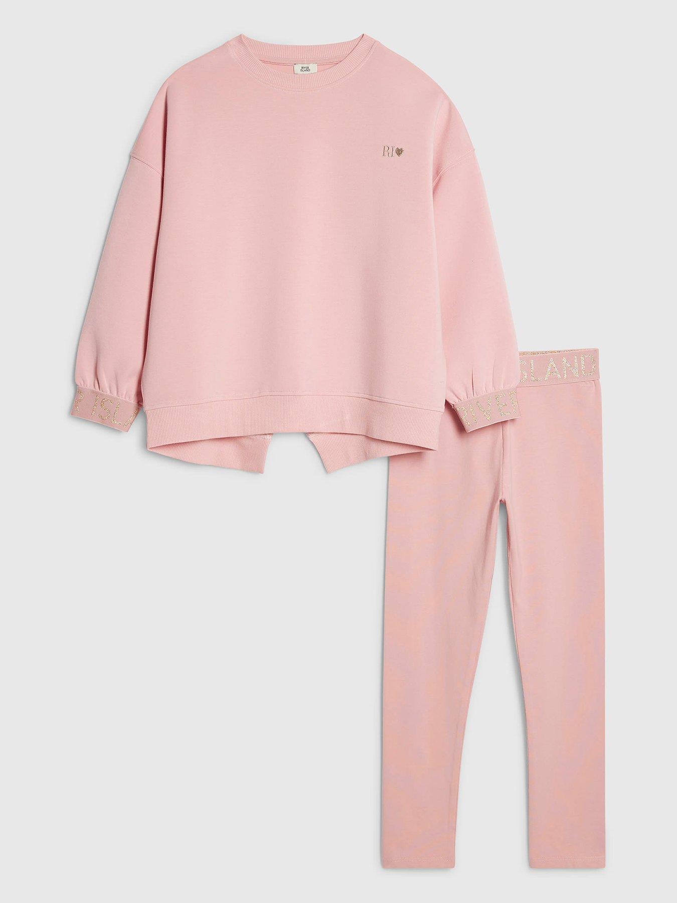 Image 1 of 5 of River Island Older Girls Branded Split Back Sweatshirt Set - Pink