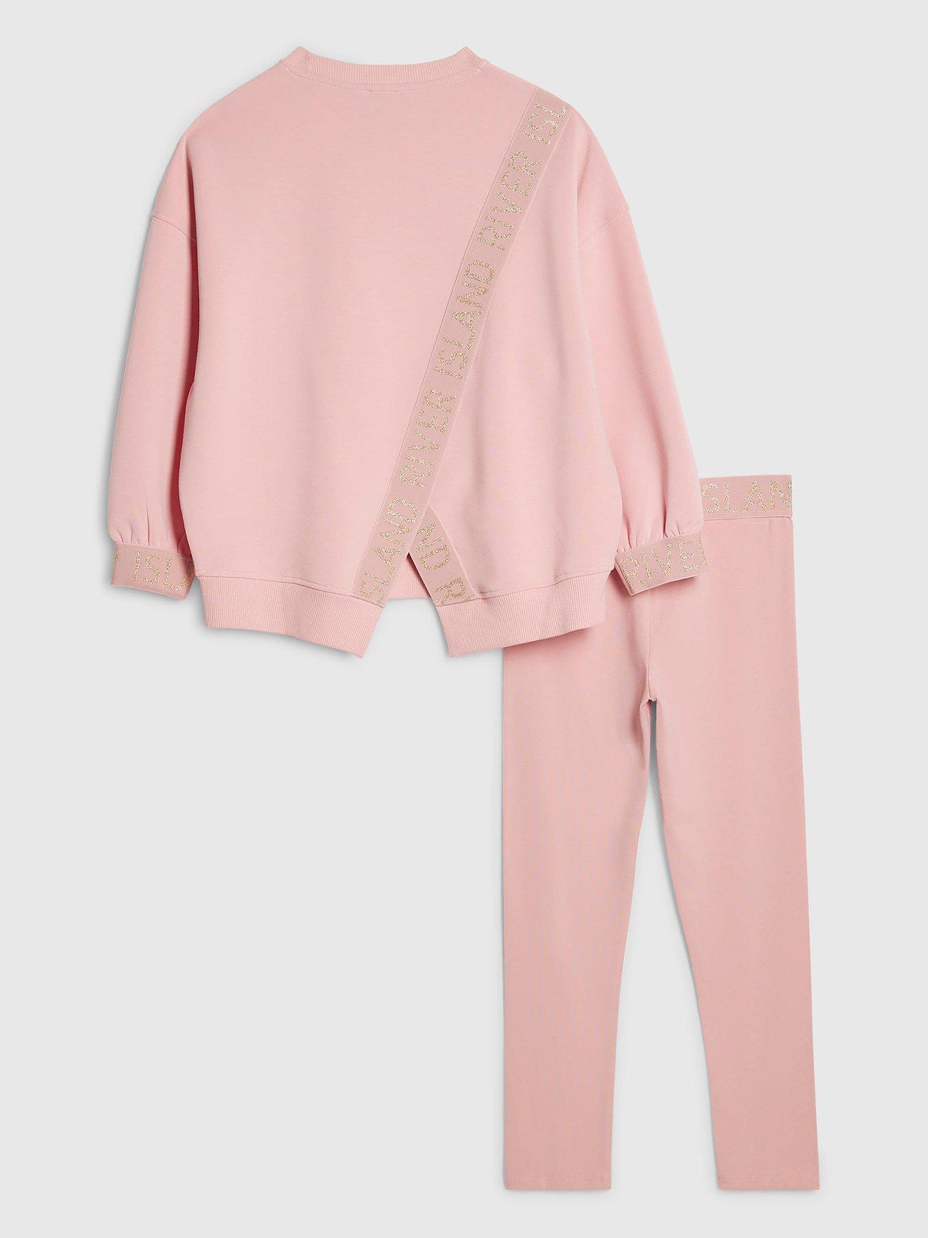 Image 2 of 5 of River Island Older Girls Branded Split Back Sweatshirt Set - Pink