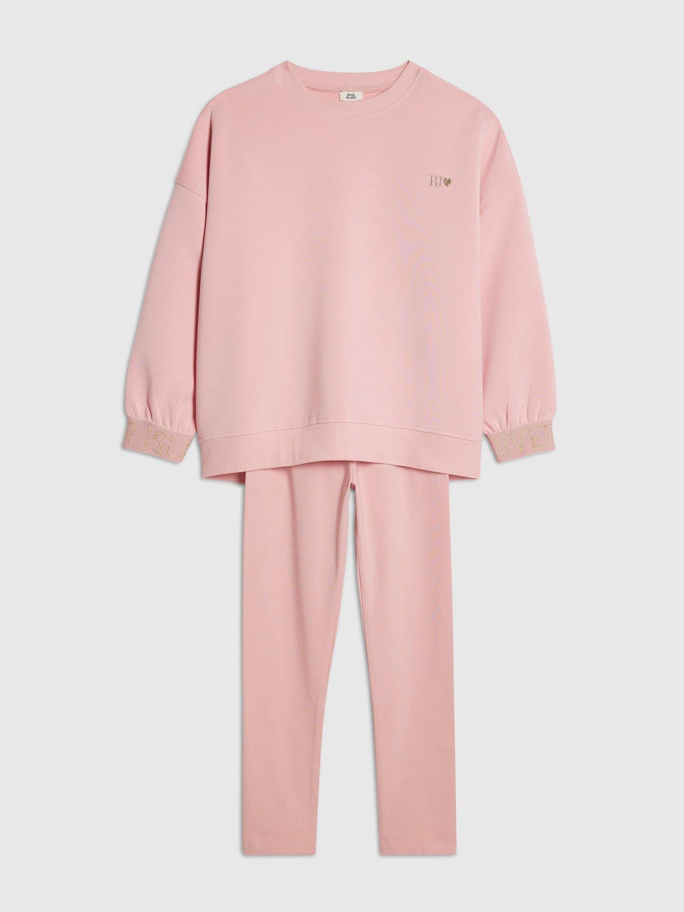 Image 3 of 5 of River Island Older Girls Branded Split Back Sweatshirt Set - Pink