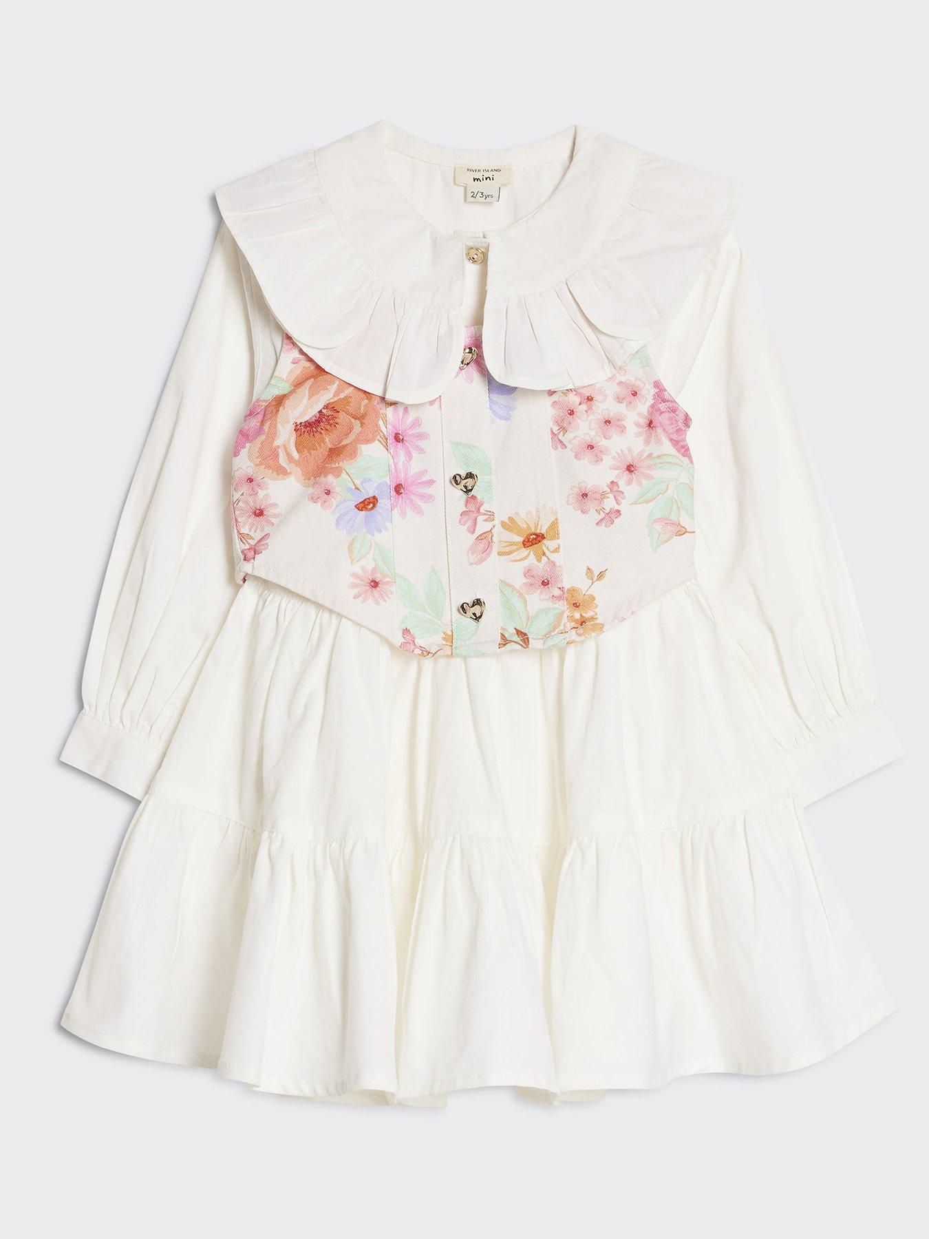 River Island Mini Girls Floral 2In1 Shirt Dress - White