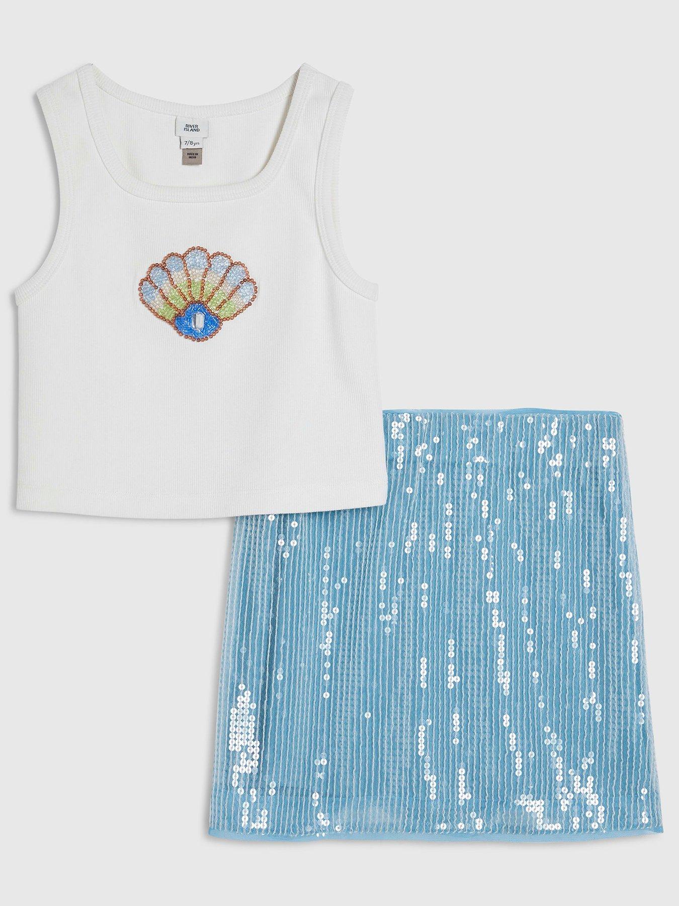 Image 1 of 5 of River Island Older Girls Shell Sequin Skirt Set - Blue