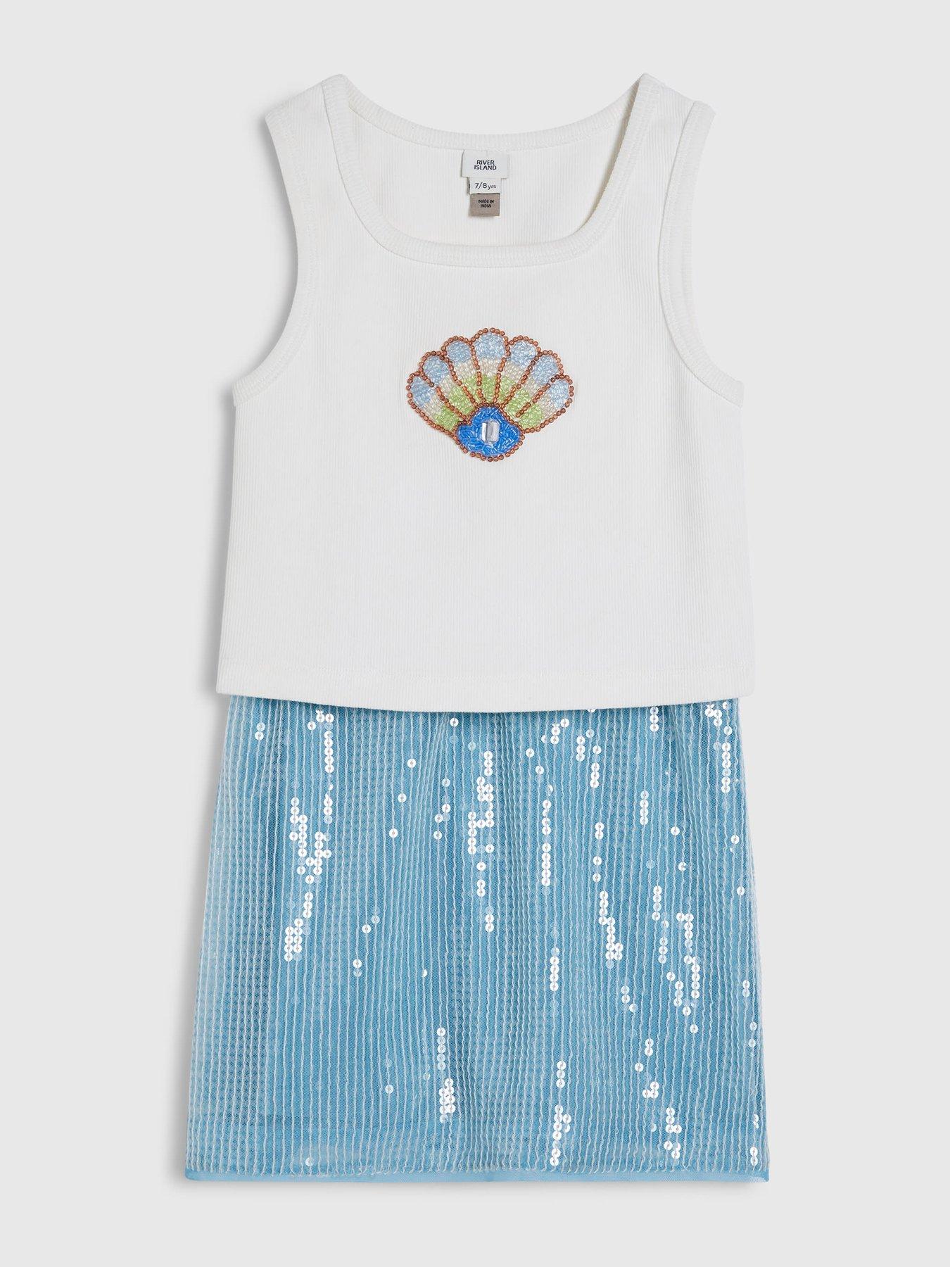 Image 3 of 5 of River Island Older Girls Shell Sequin Skirt Set - Blue