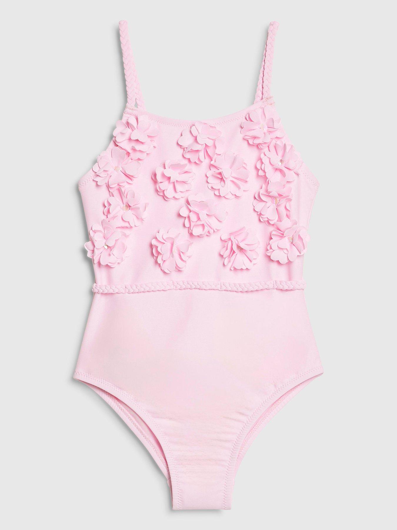 Image 1 of 4 of River Island Mini Girls 3D Floral Swimsuit - Pink