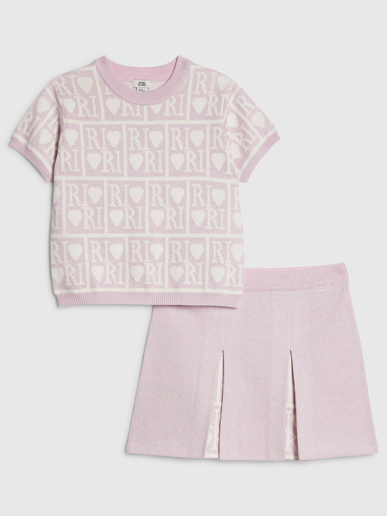 River Island Older Girls RI Heart Pleated Skirt Set - Pink