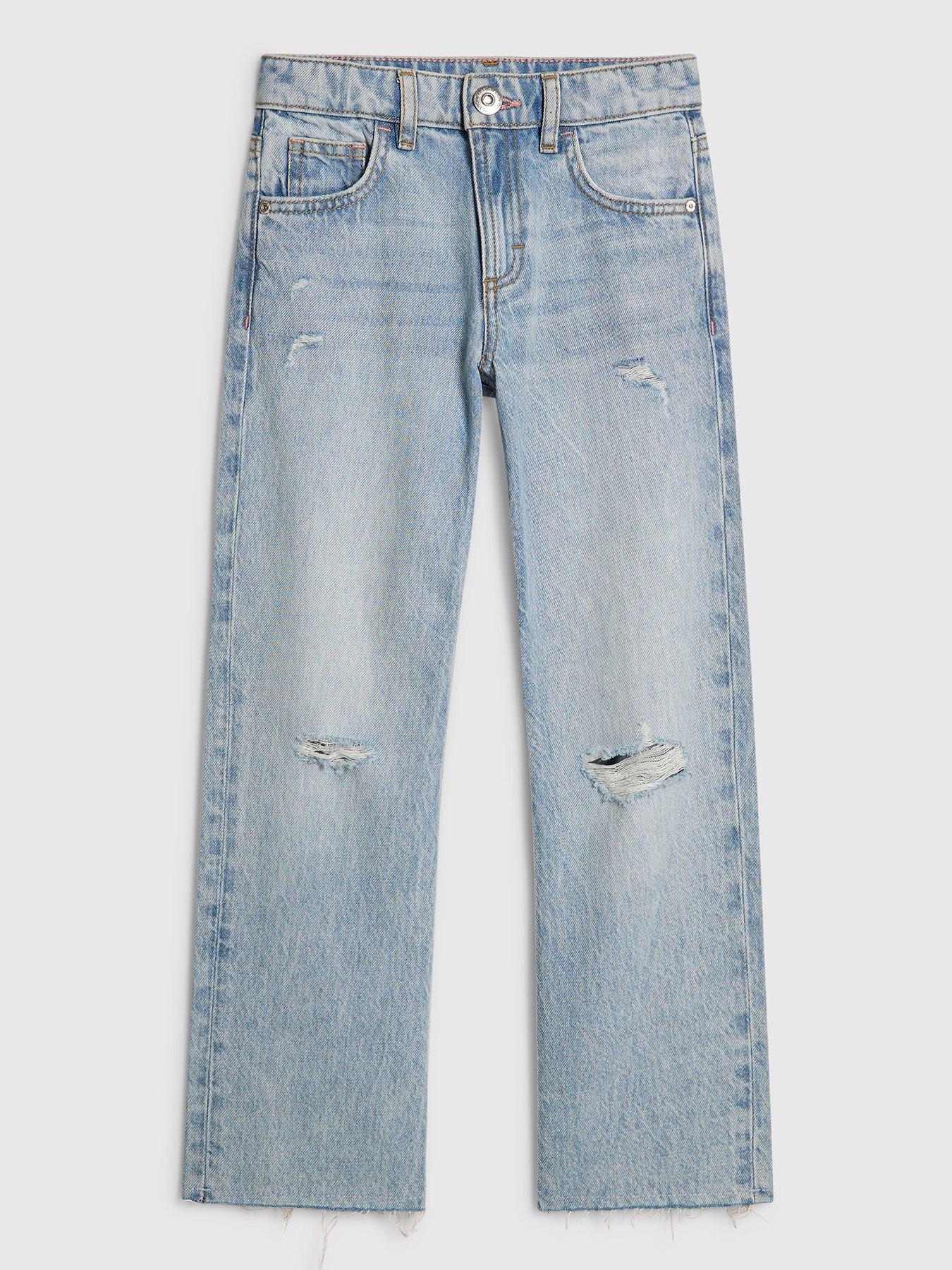 Image 1 of 4 of River Island Older Girls Ripped Straight Jeans - Blue