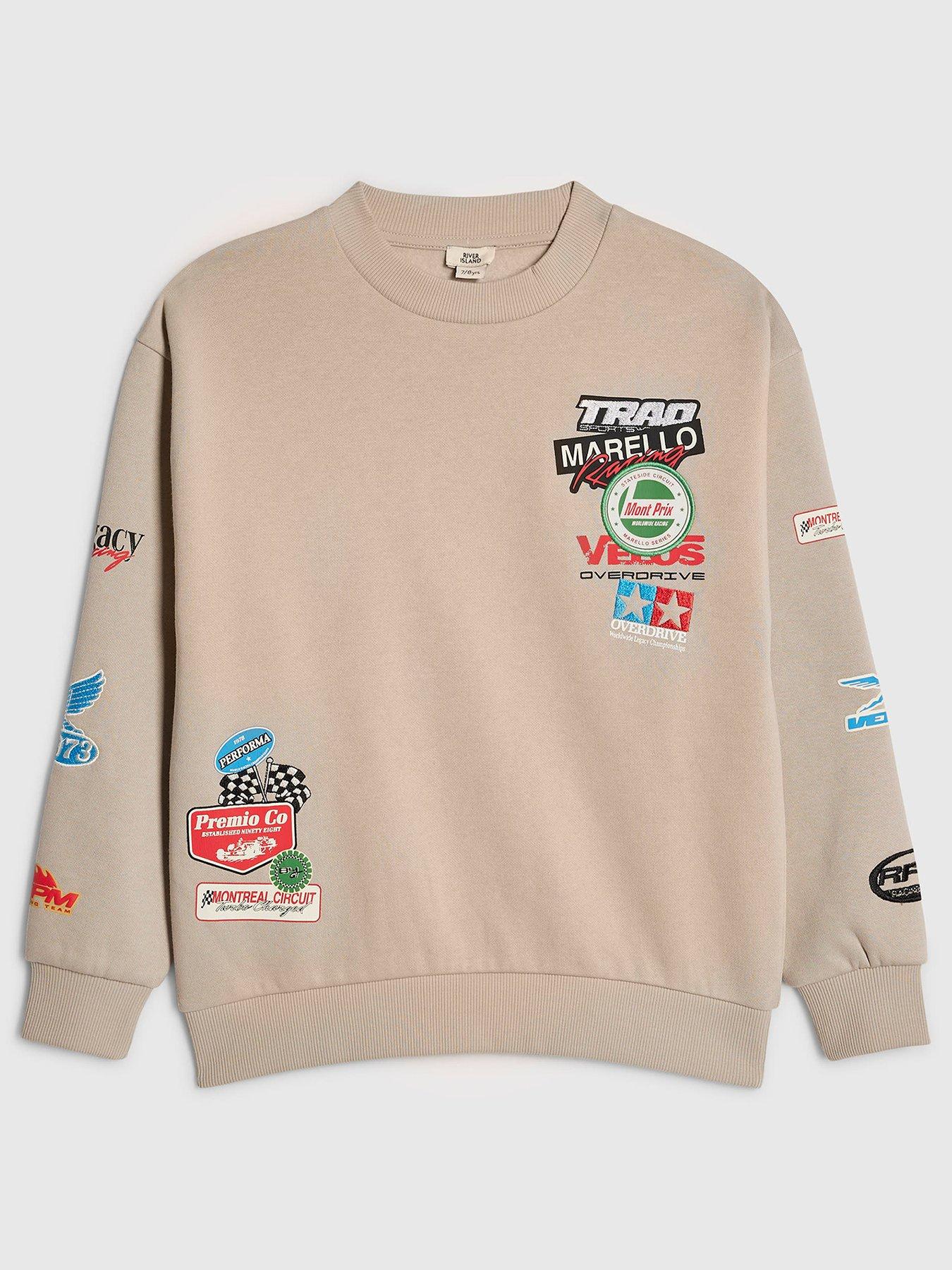 River Island Older Boys Motorsport Badges Sweatshirt, Beige, Size Age: 7-8 Years