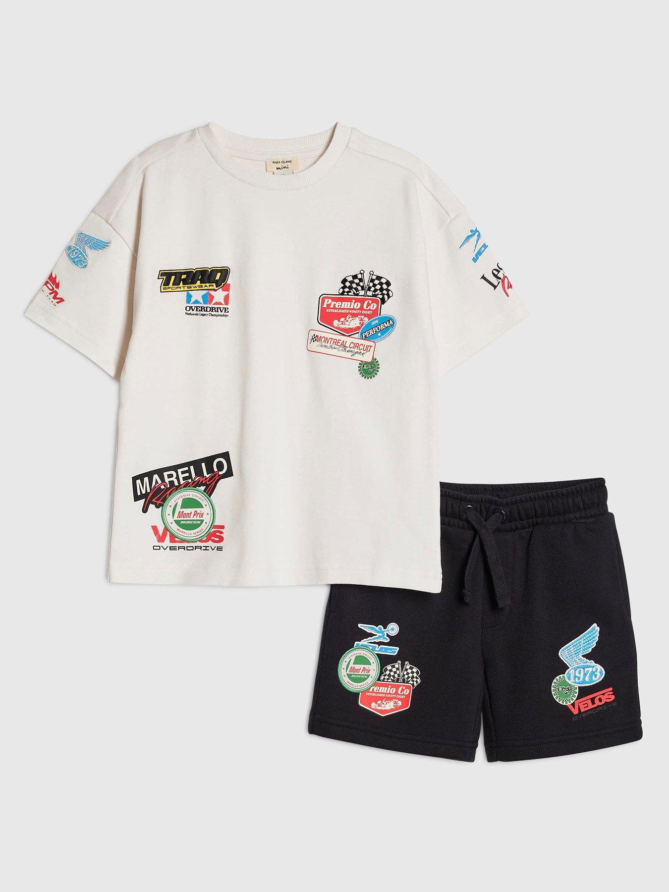 Image 1 of 5 of River Island Mini Boys Badge Motorsport T-Shirt &amp; Shorts Set - White