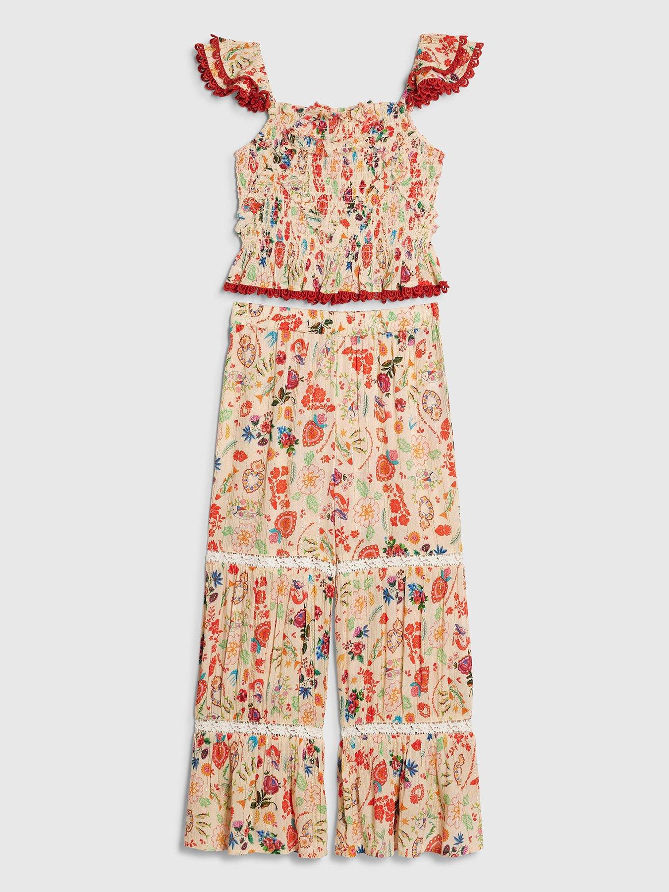 River Island Older Girls Mexicana Printed Top And Trouser Set, Cream, Size Age: 9-10 Years