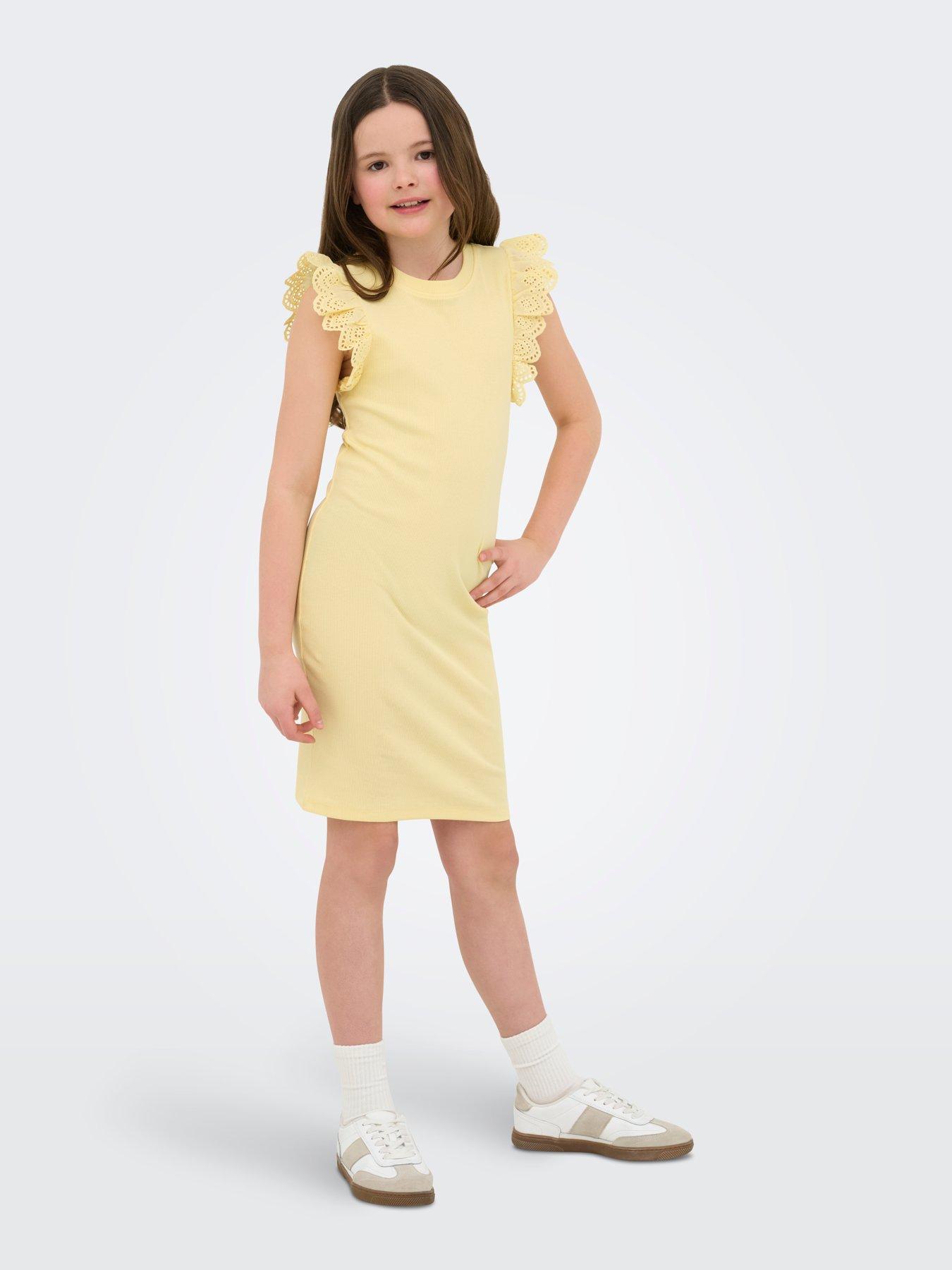 Only Kids Girls Frill Sleeve Ribbed Bodycon Dress - Yellow