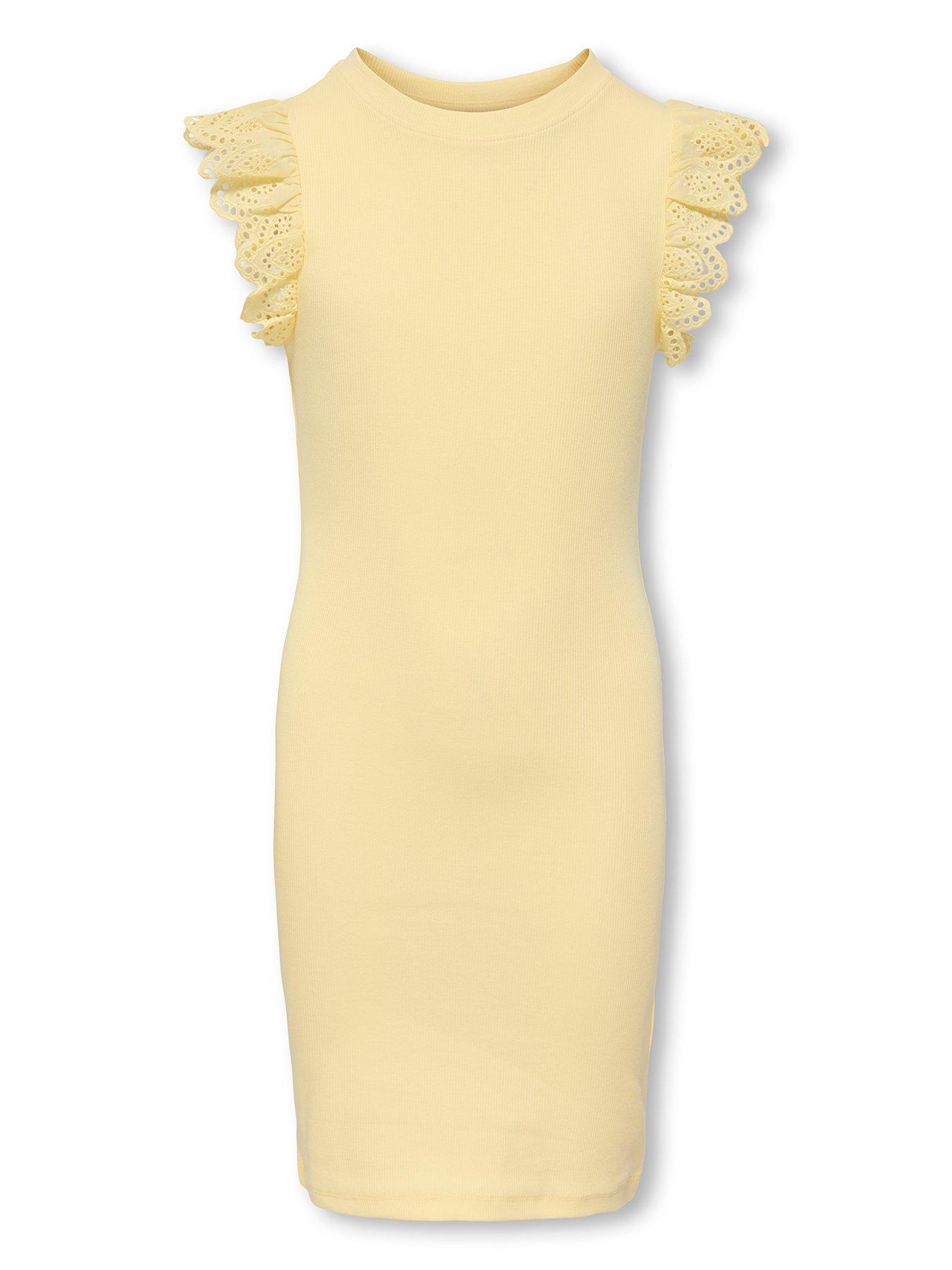 Image 2 of 7 of Only Kids Girls Frill Sleeve Ribbed Bodycon Dress - Yellow