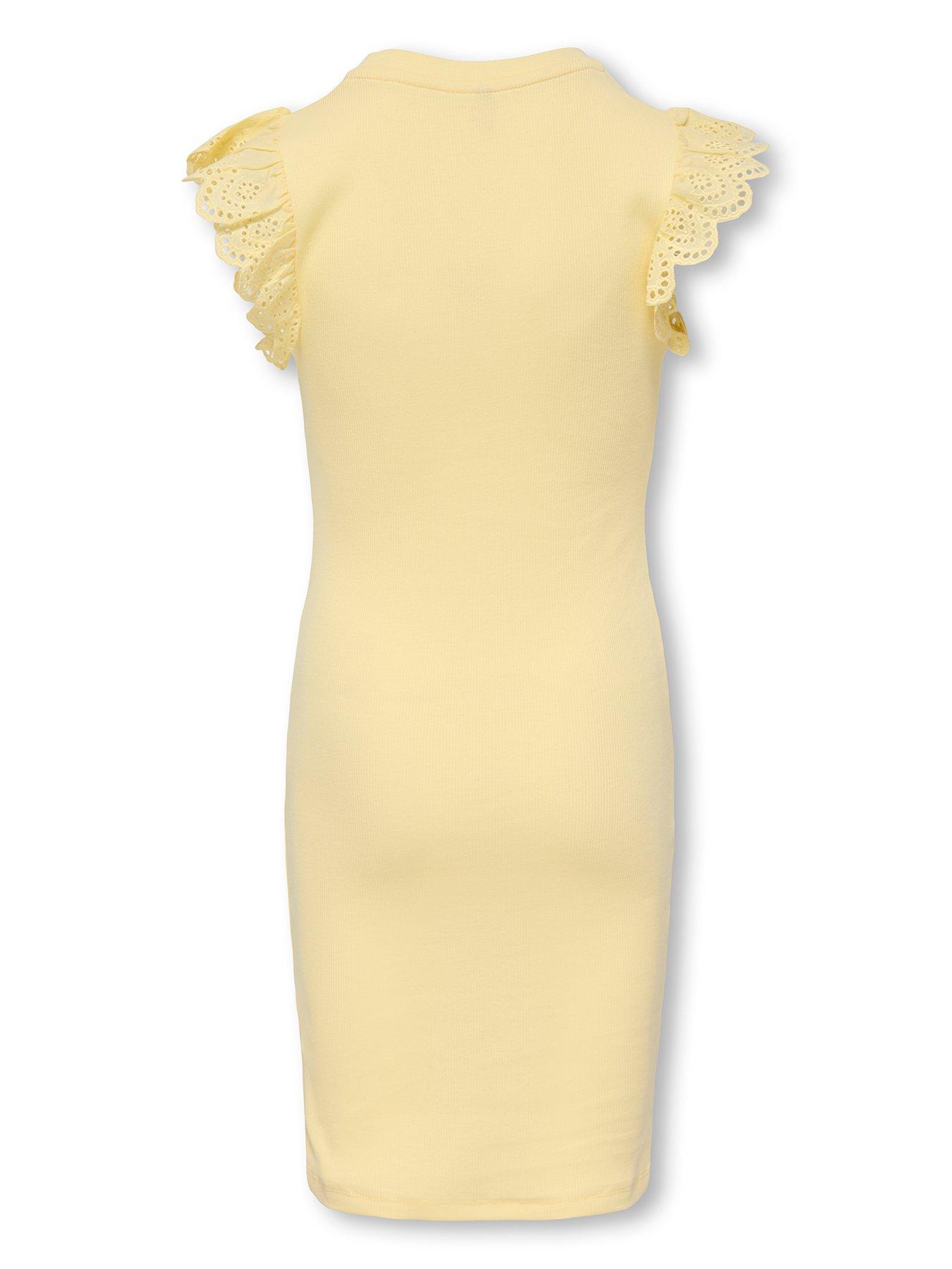Image 3 of 7 of Only Kids Girls Frill Sleeve Ribbed Bodycon Dress - Yellow