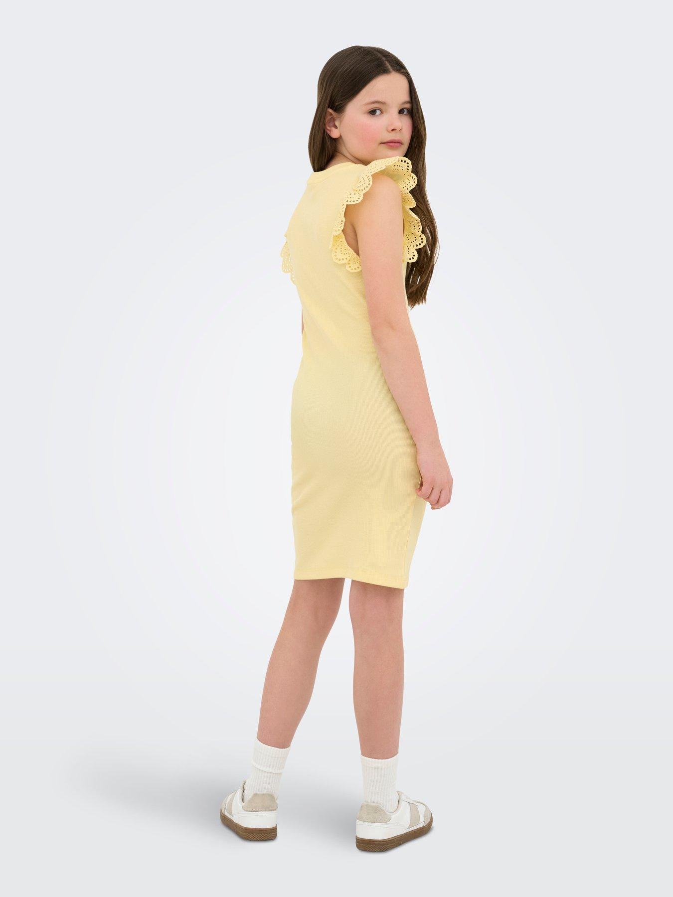 Image 4 of 7 of Only Kids Girls Frill Sleeve Ribbed Bodycon Dress - Yellow