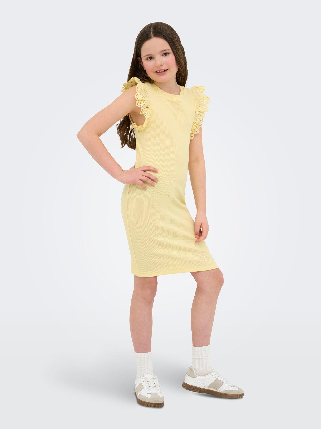 Image 5 of 7 of Only Kids Girls Frill Sleeve Ribbed Bodycon Dress - Yellow