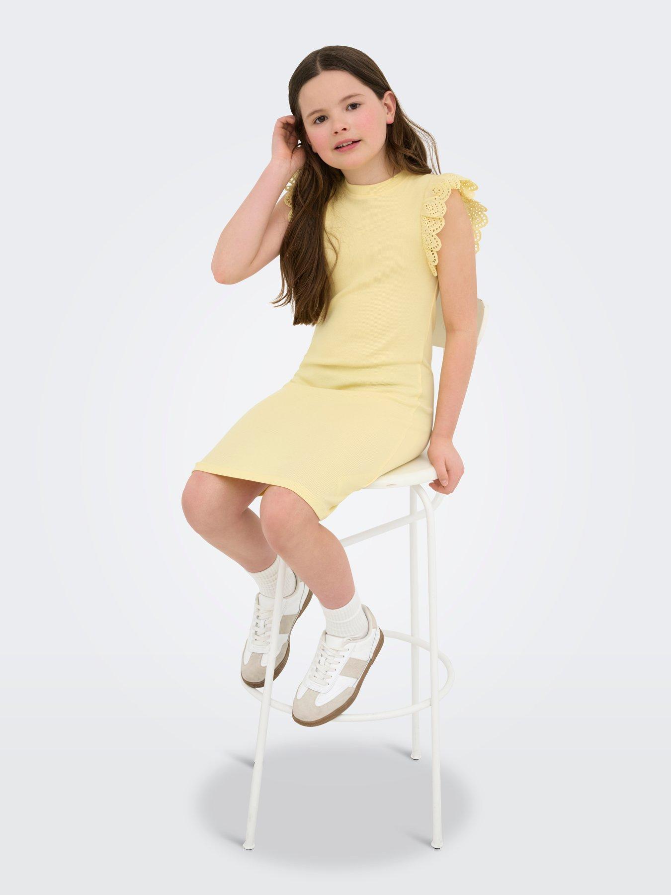 Image 6 of 7 of Only Kids Girls Frill Sleeve Ribbed Bodycon Dress - Yellow