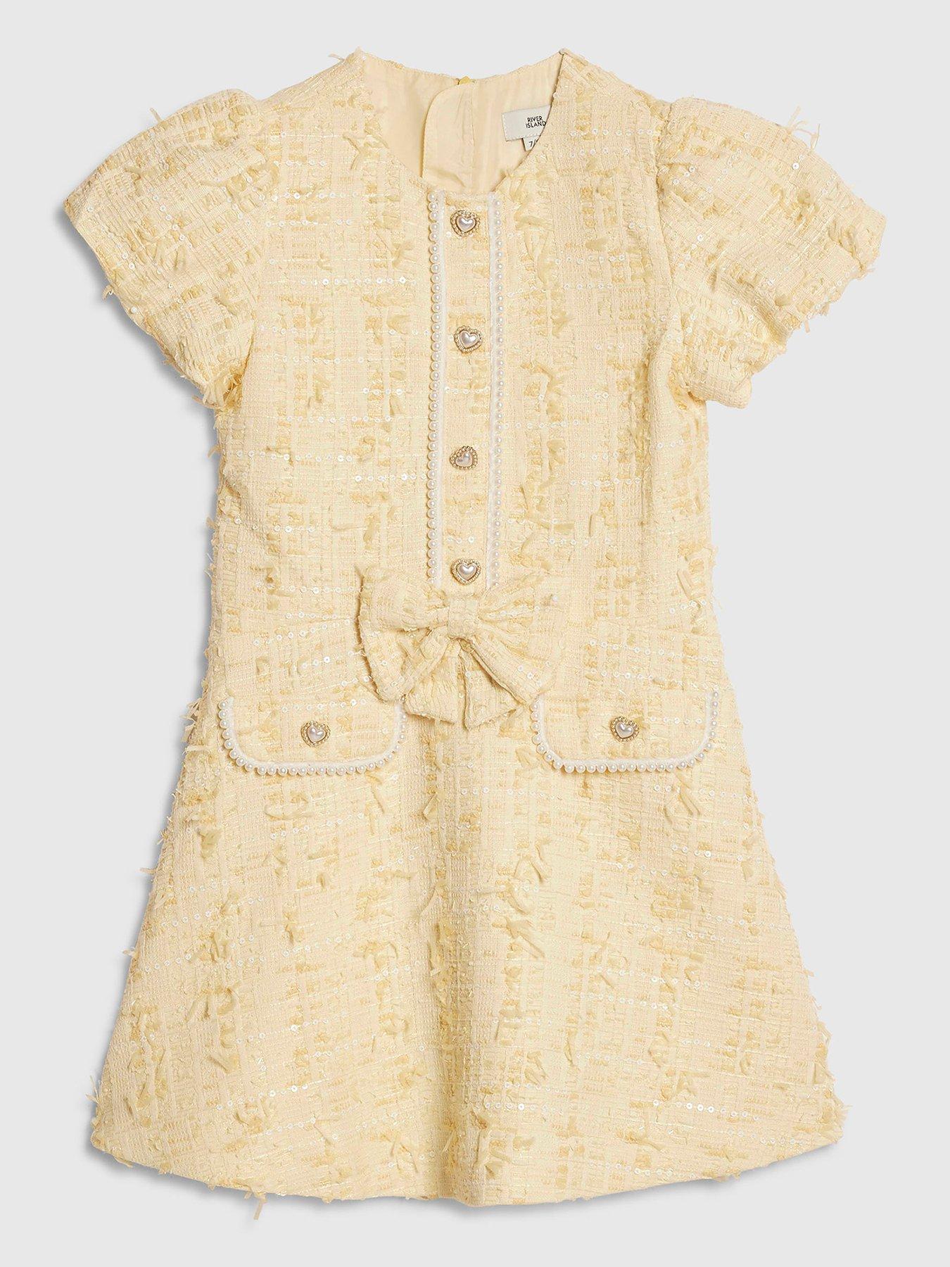 River Island Older Girls Bow Boucle Pearl Dress, Yellow, Size Age: 9 Years