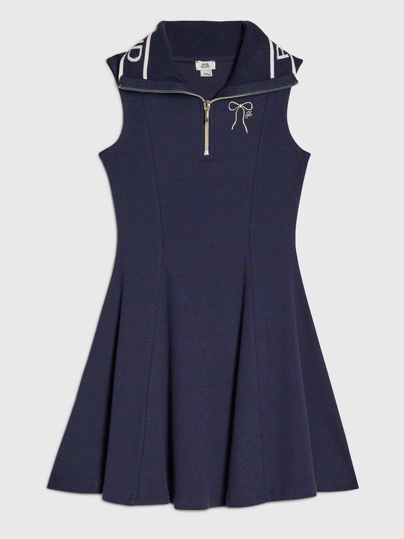 River Island Older Girls Branded Oversized Collar Dress - Navy