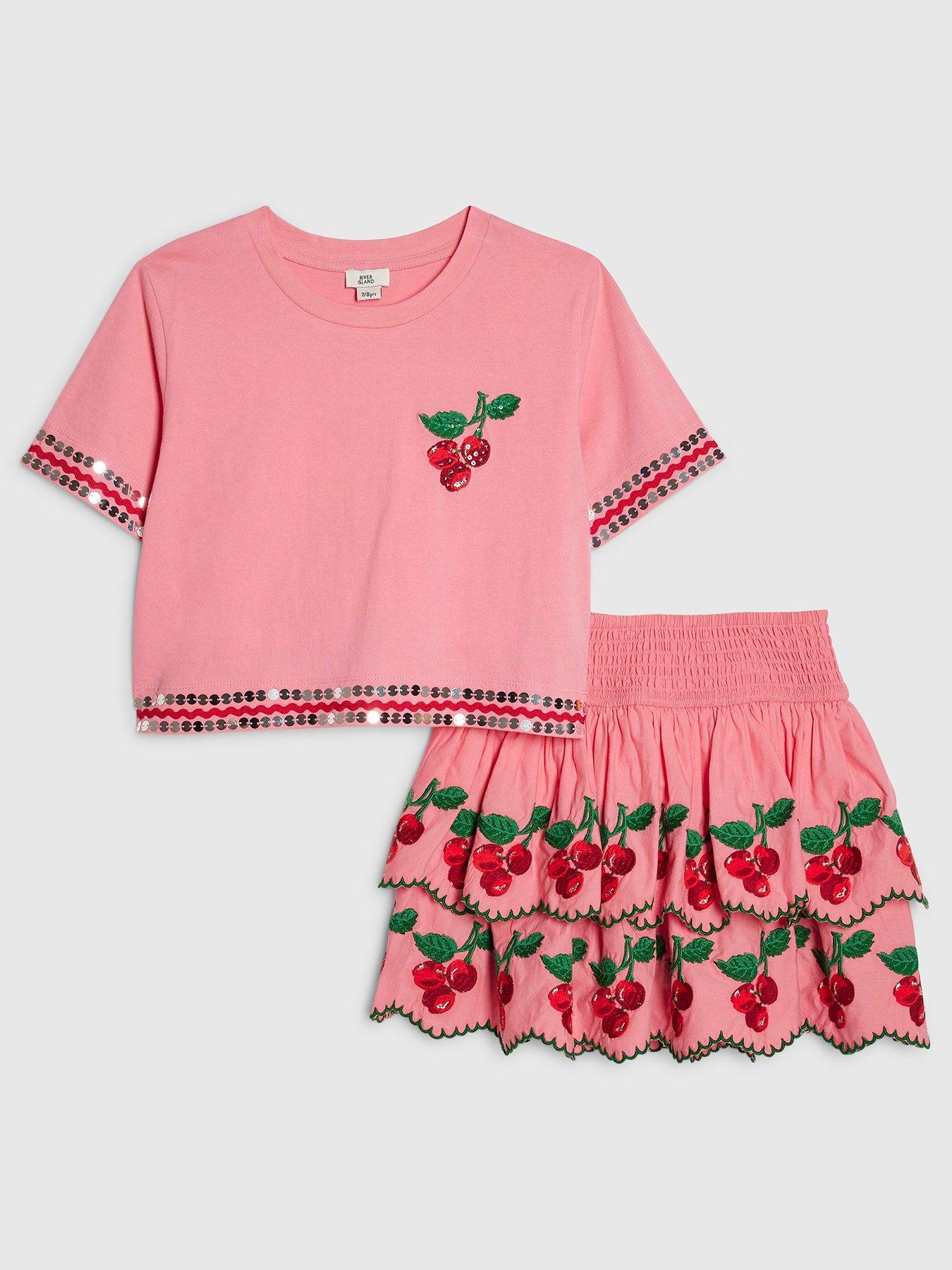 River Island Older Girls Cherry T-Shirt And Skirt Set - Pink
