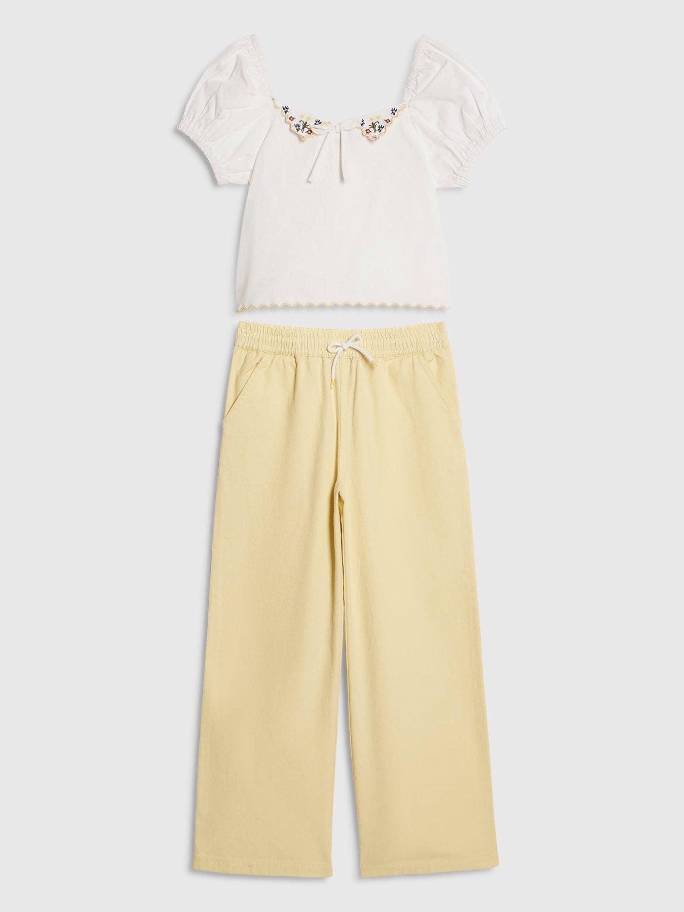Image 1 of 4 of River Island Older Girls Collared Top And Jeans Set - White