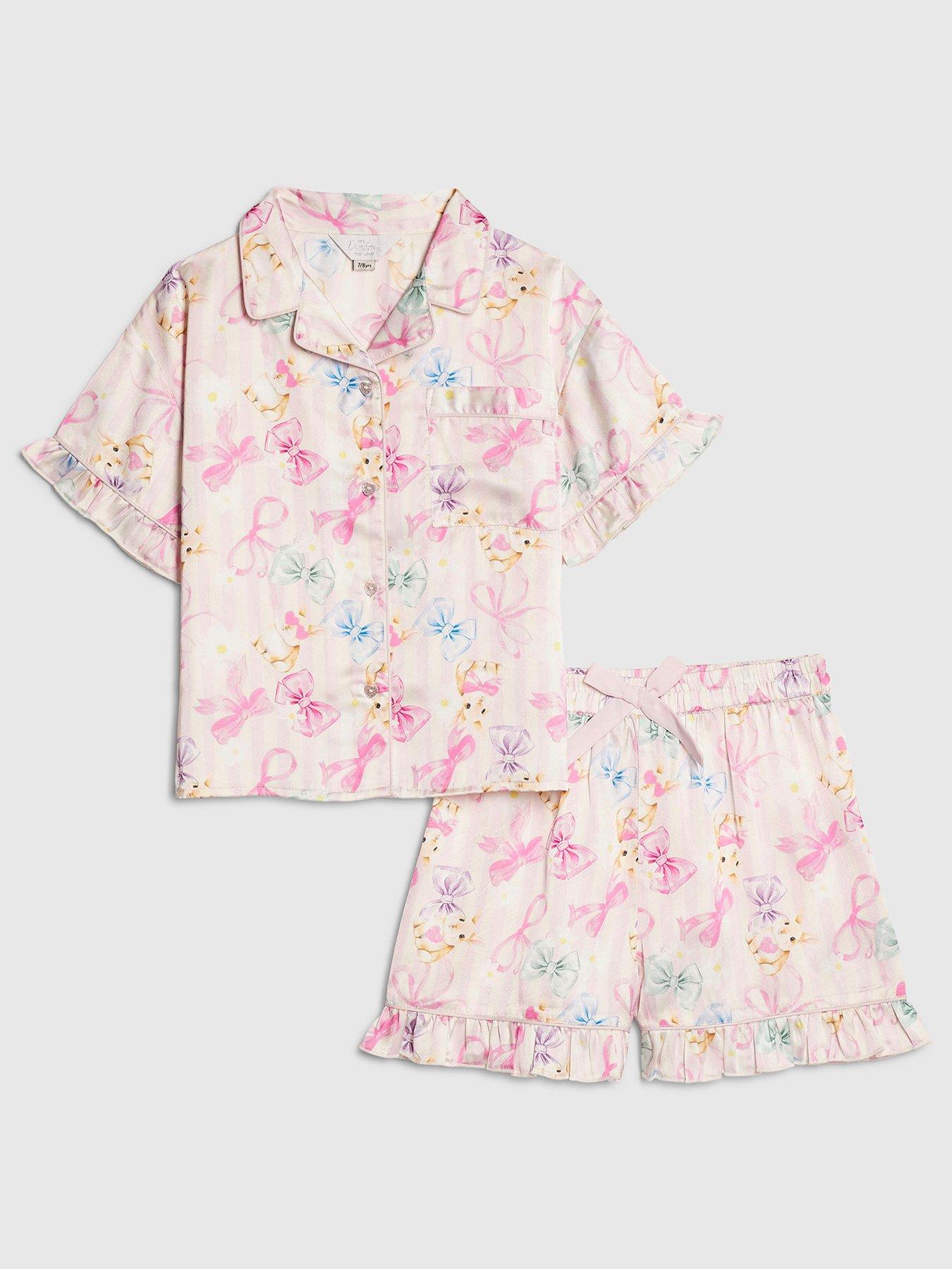 Image 1 of 5 of River Island Older Girls Bunny Stripe Satin Pyjamas - Pink