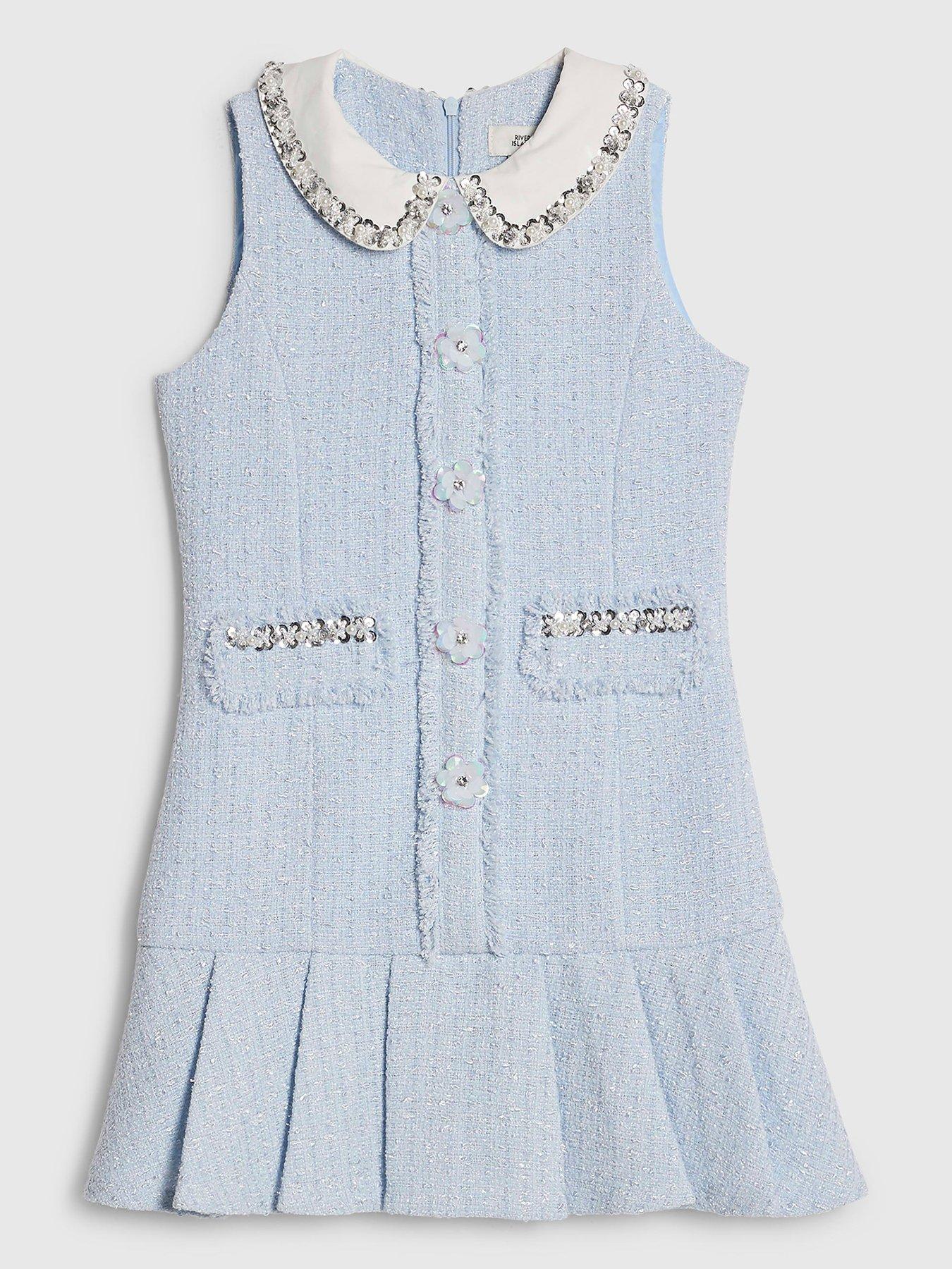 Image 1 of 4 of River Island Older Girls Embellished Collar Boucle Dress - Blue