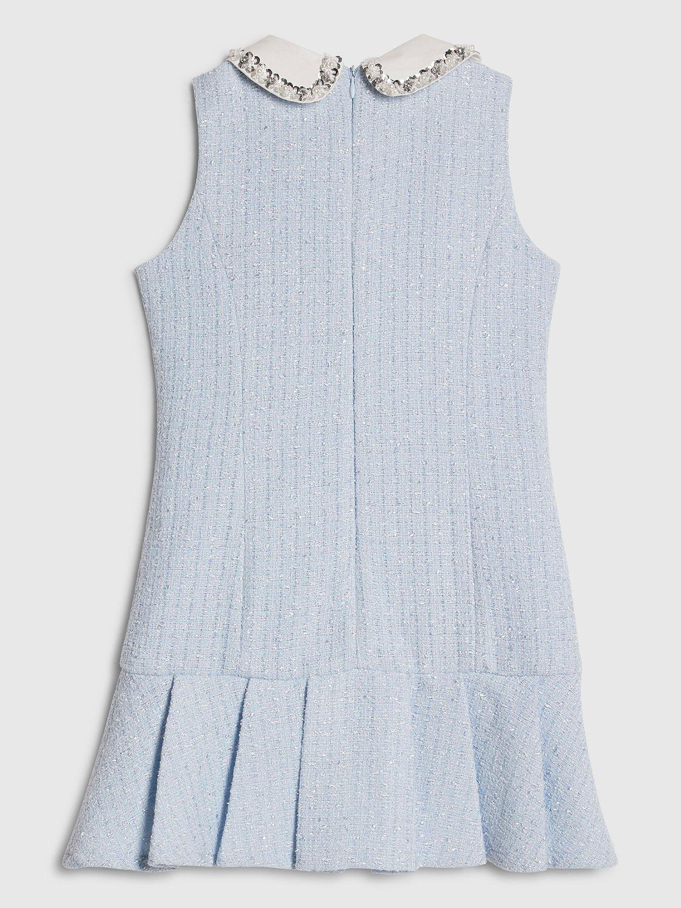 Image 2 of 4 of River Island Older Girls Embellished Collar Boucle Dress - Blue