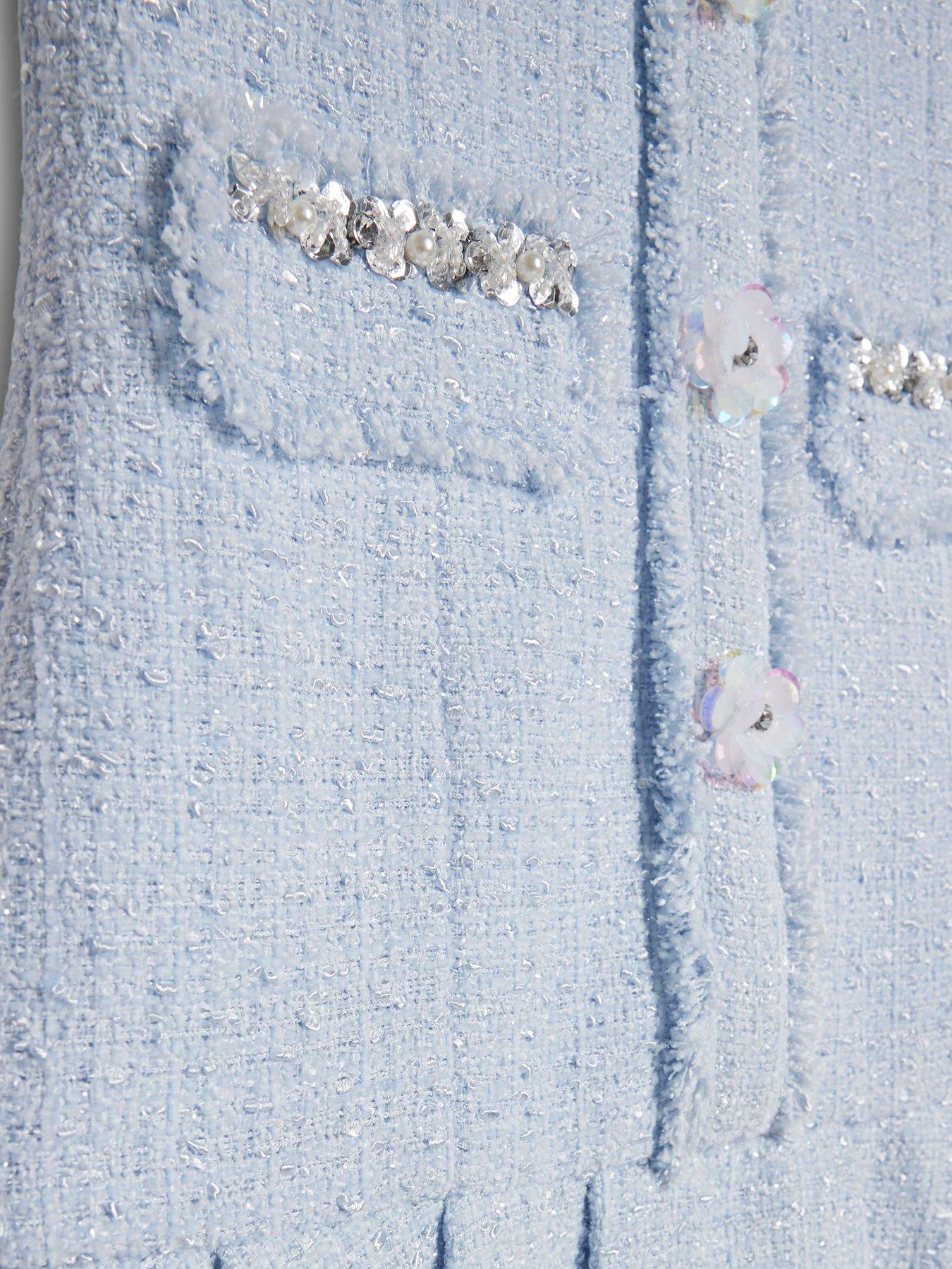 Image 3 of 4 of River Island Older Girls Embellished Collar Boucle Dress - Blue