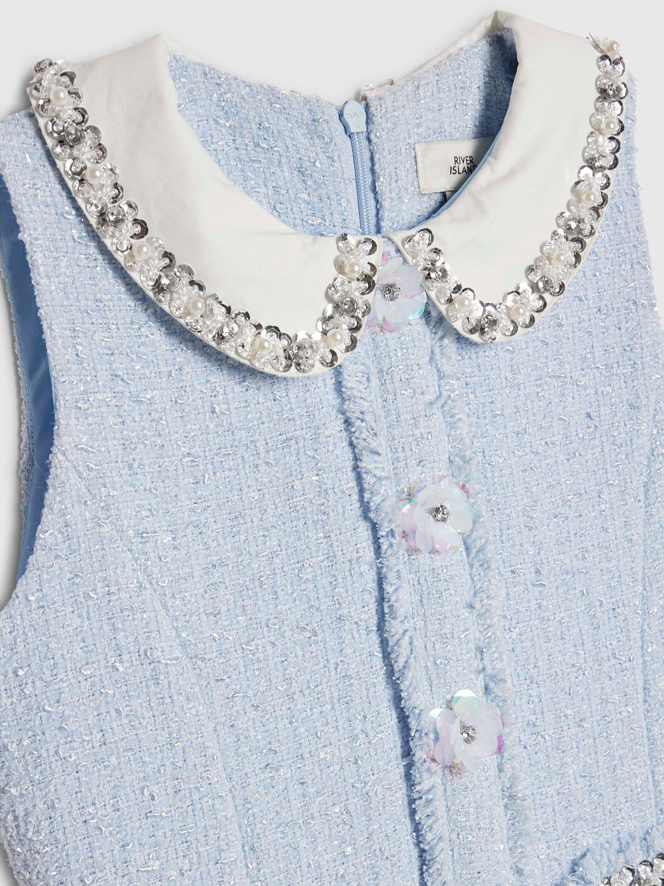 Image 4 of 4 of River Island Older Girls Embellished Collar Boucle Dress - Blue