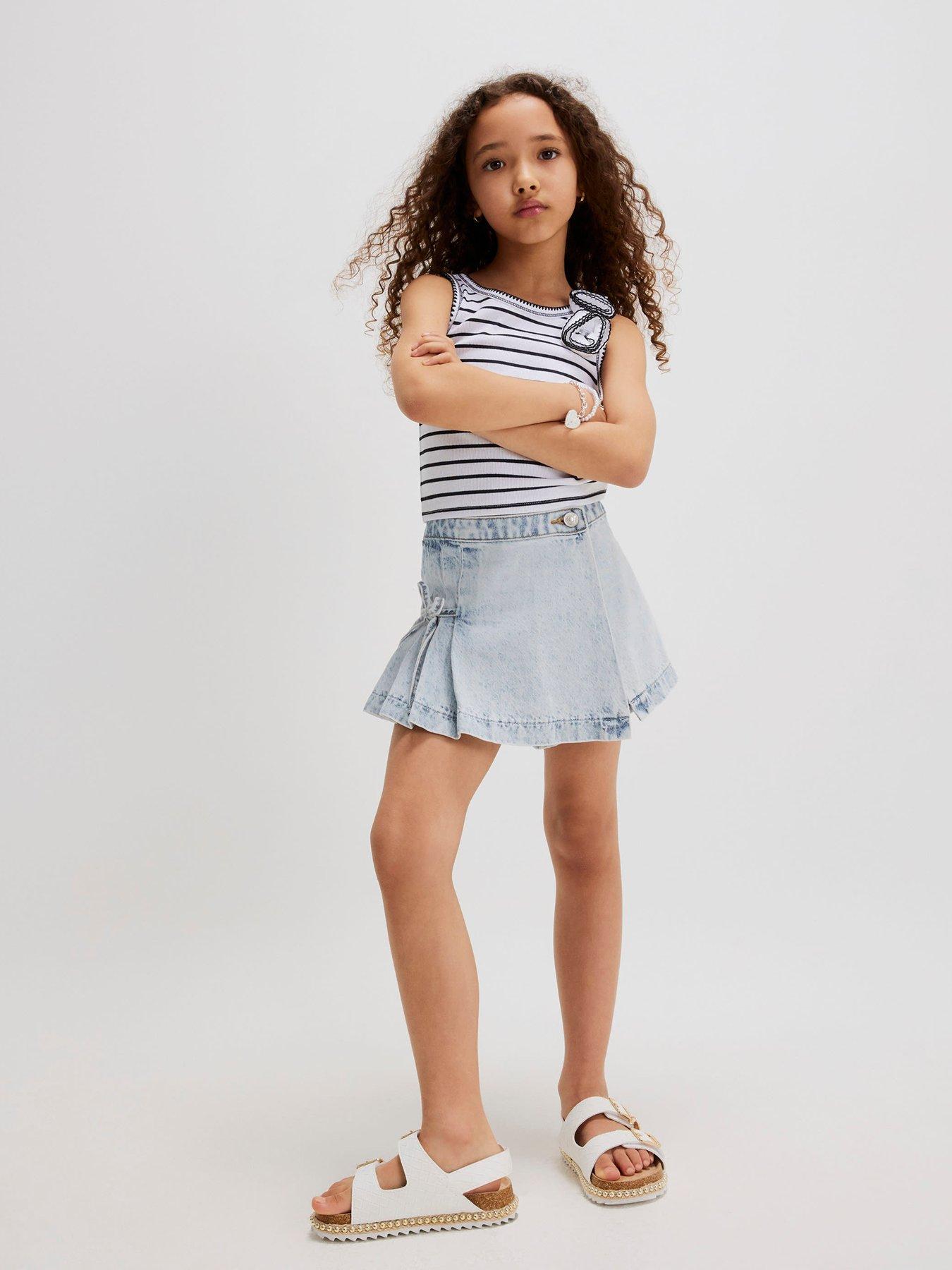 River Island Older Girls Bow Pleated Denim Skort, Blue, Size Age: 11-12 Years