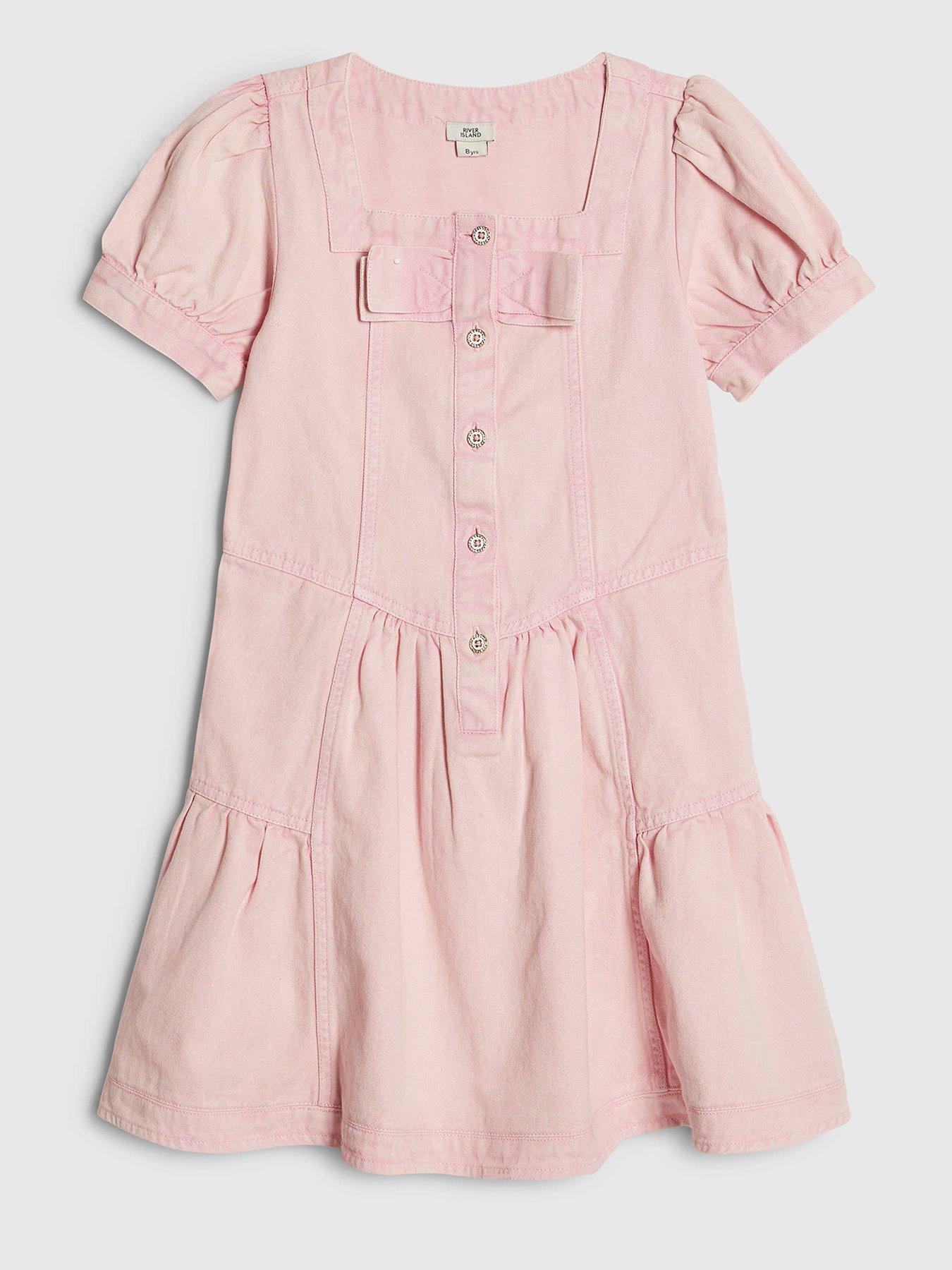 River Island Older Girls Square Neck Twill Bow Dress - Pink