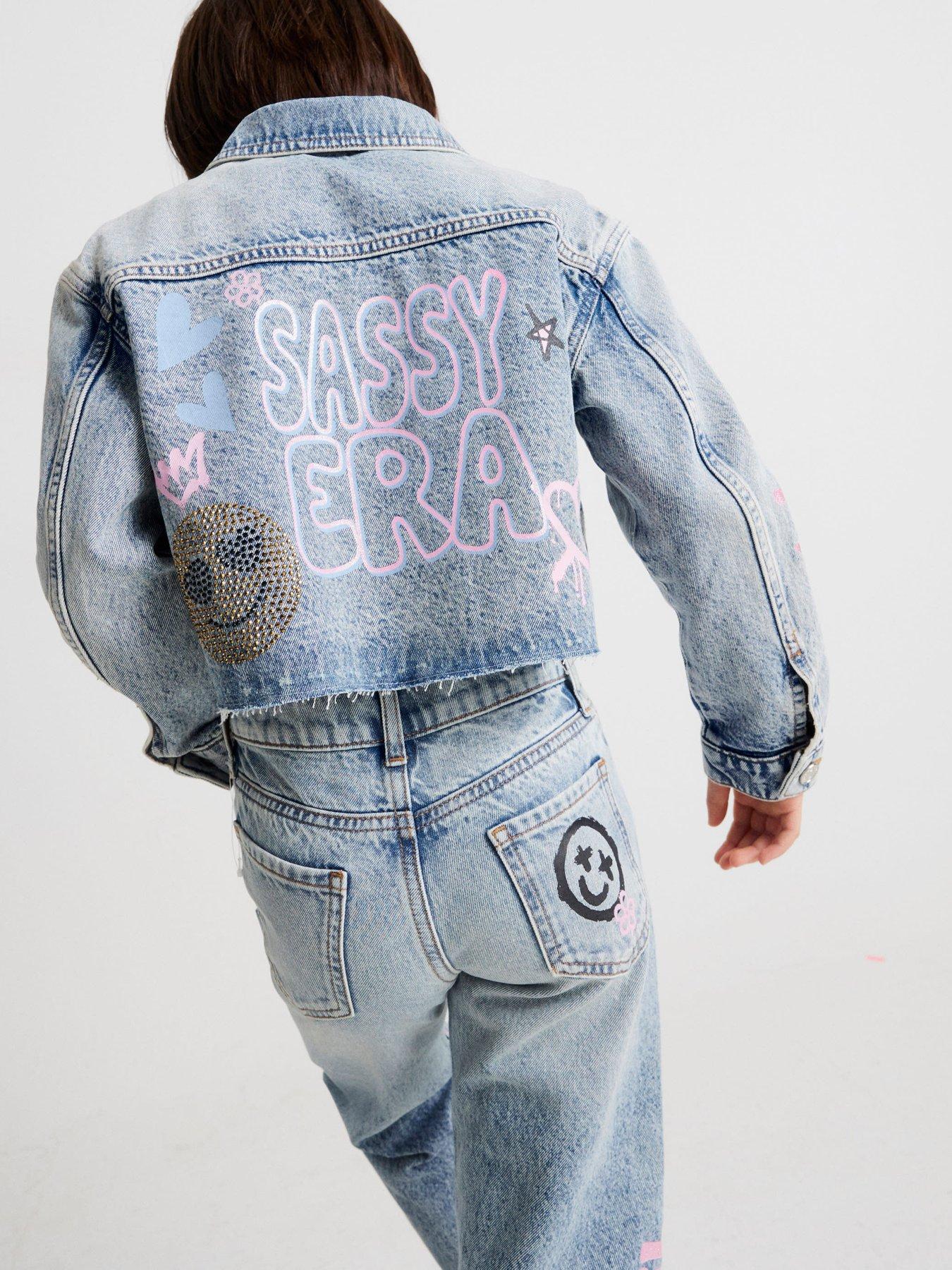 River Island Older Girls Sassy Era Embellished Denim Jacket - Blue