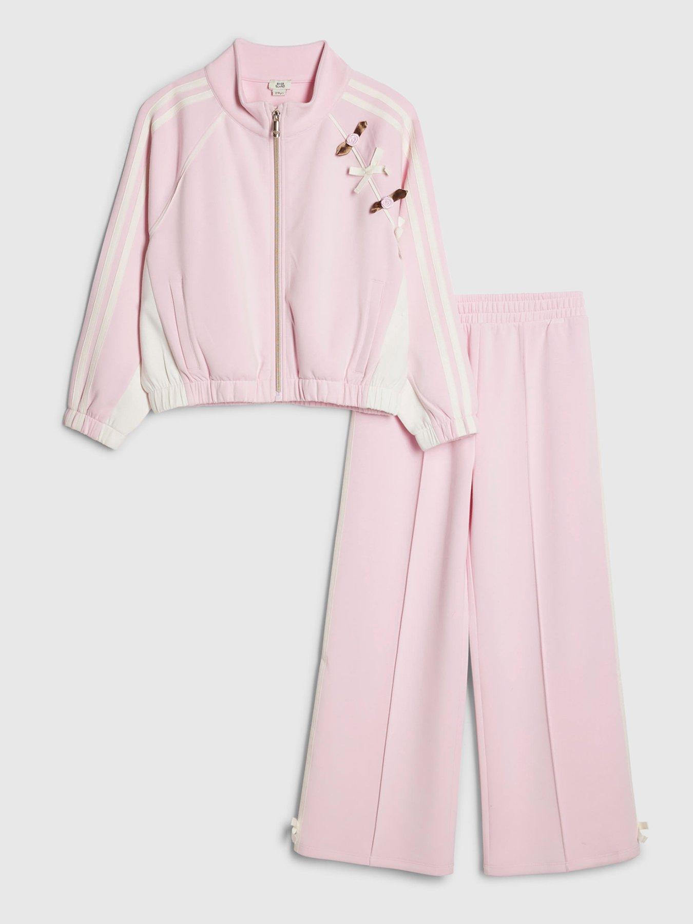 River Island Older Girls Rosette Bow Tracksuit Set, Pink, Size Age: 9-10 Years