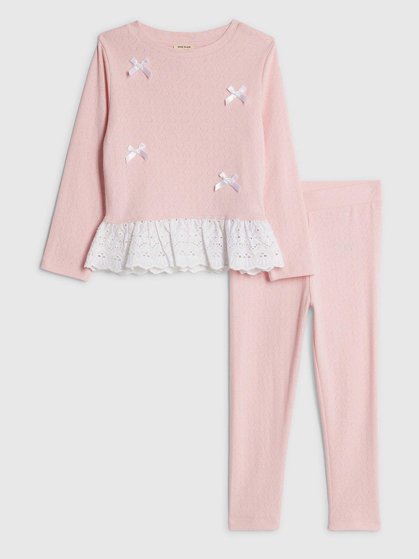River Island Mini Girls Pointelle 3D Bow Top Set - Pink