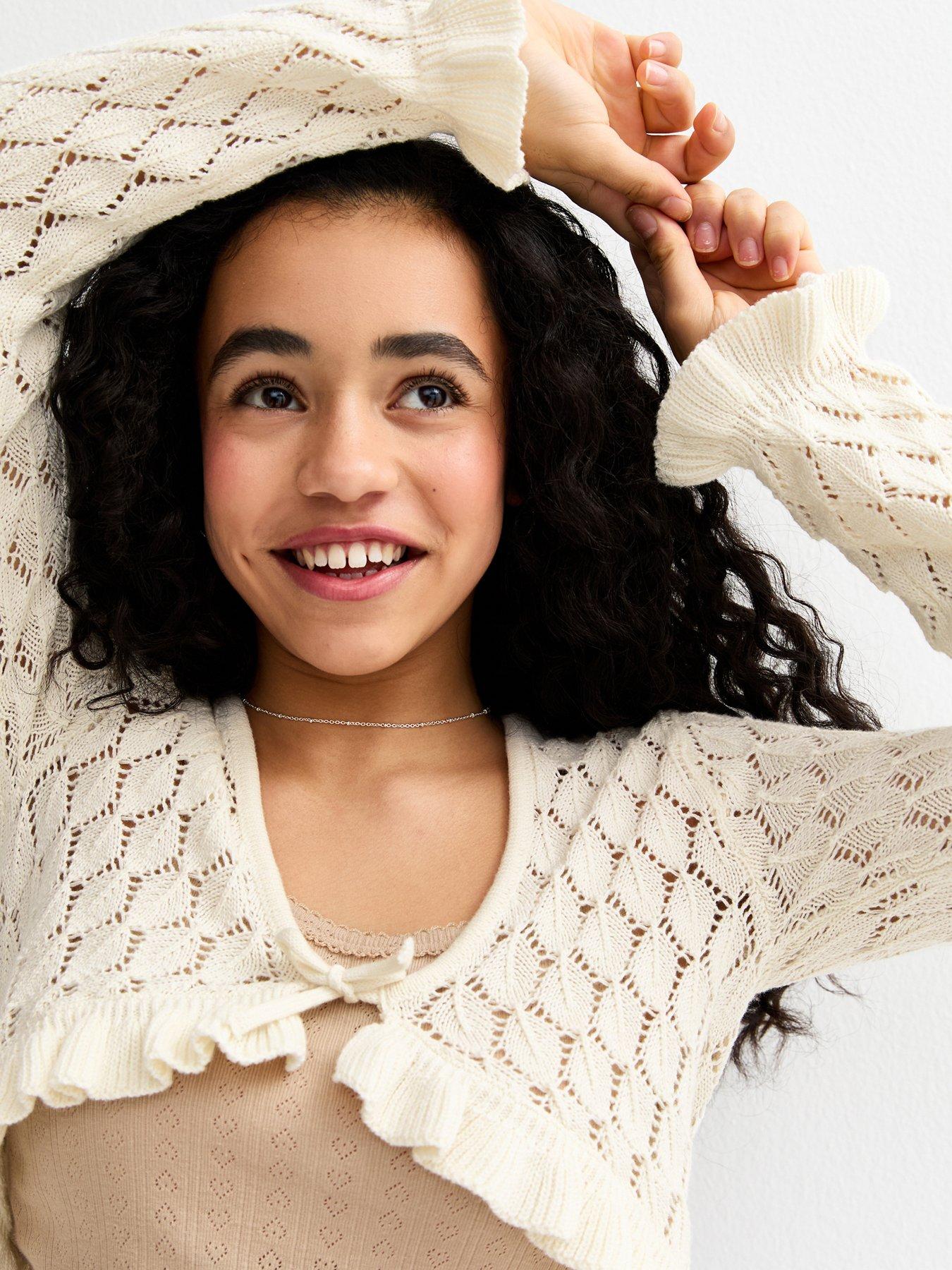 New Look 915 Girls Ruffled Crochet Cropped Cardigan - Cream