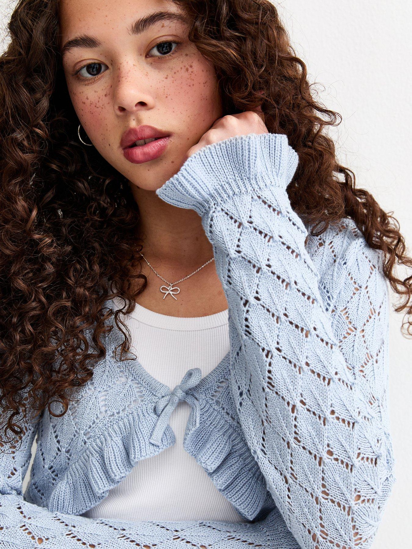 New Look 915 Girls Ruffled Crochet Cropped Cardigan - Light Blue | Very