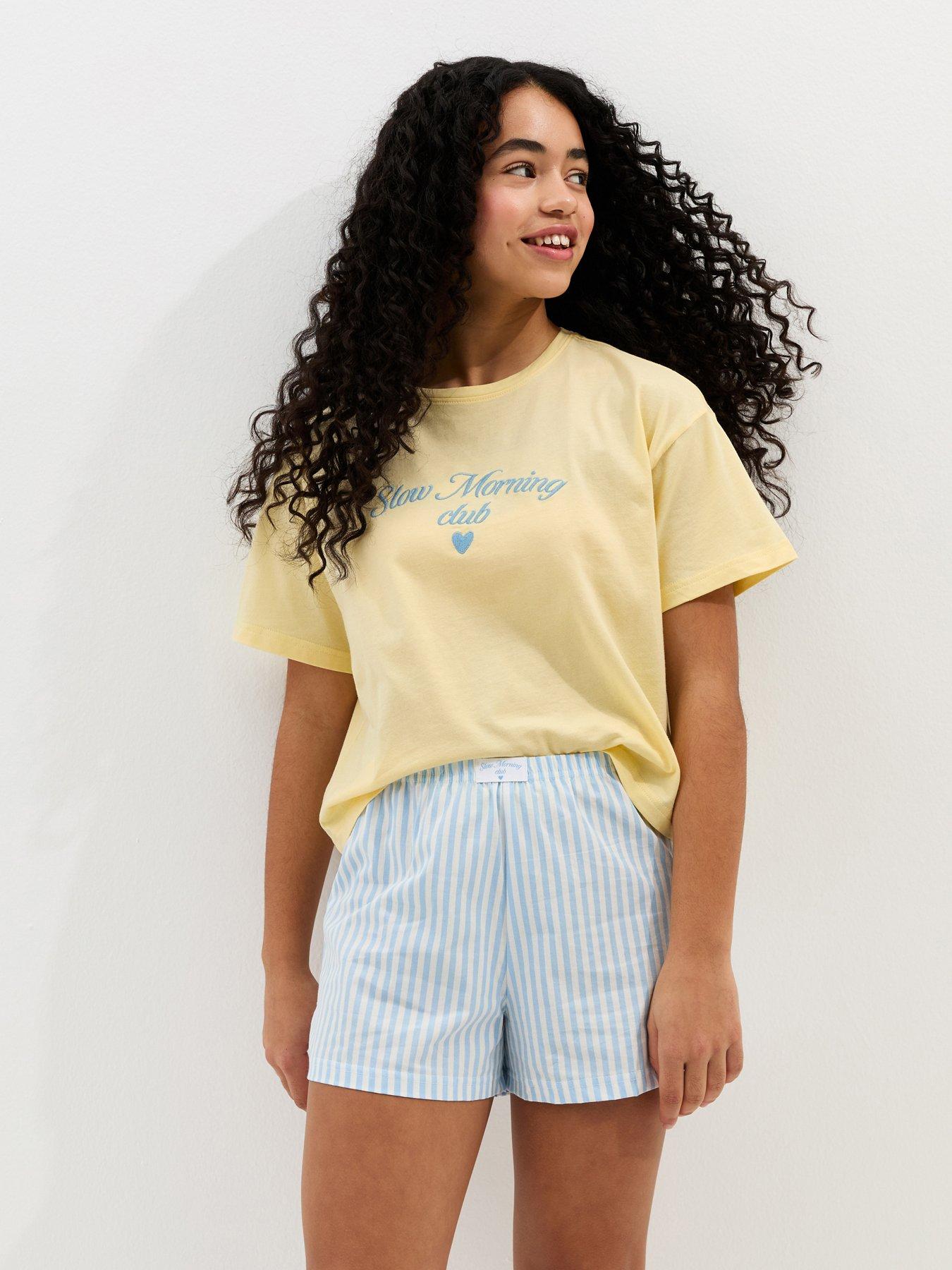 New Look 915 Girls Cotton T-Shirt And Striped Shorts Pyjama Set - Yellow