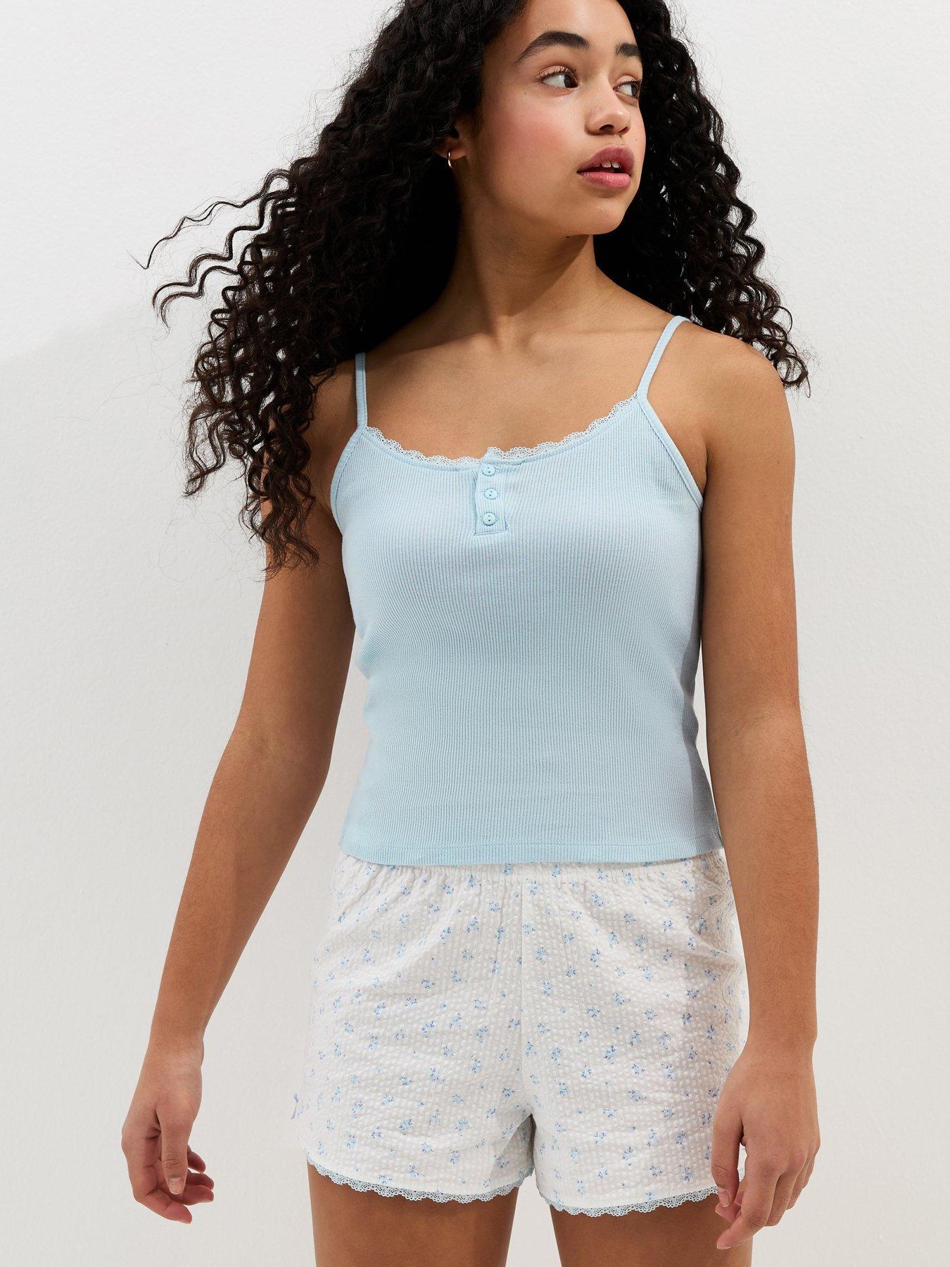 New Look 915 Girls Cotton Floral Cami And Shorts Pyjama Set - Light Blue