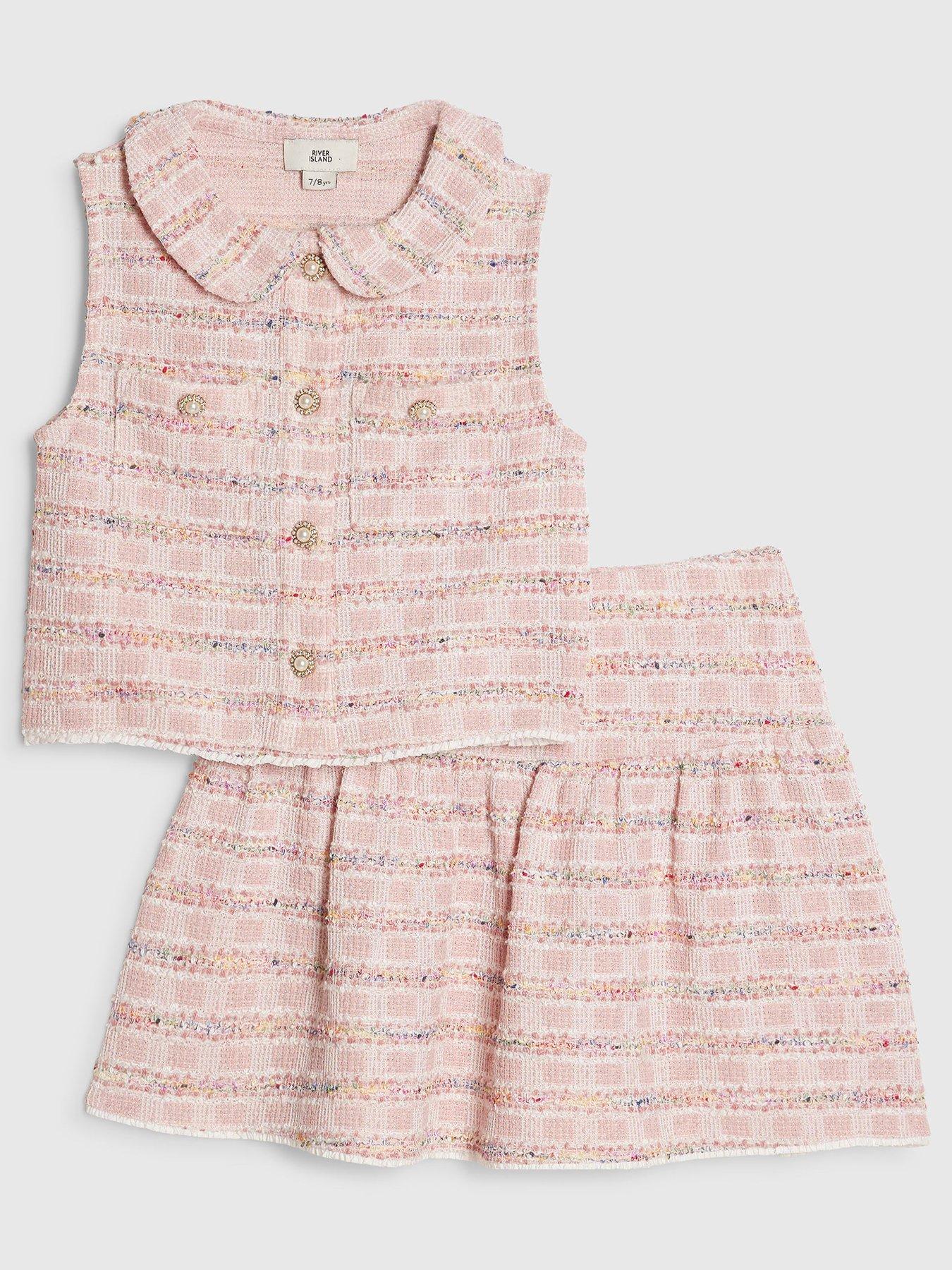Image 1 of 5 of River Island Older Girls Boucle Skirt Set - Pink