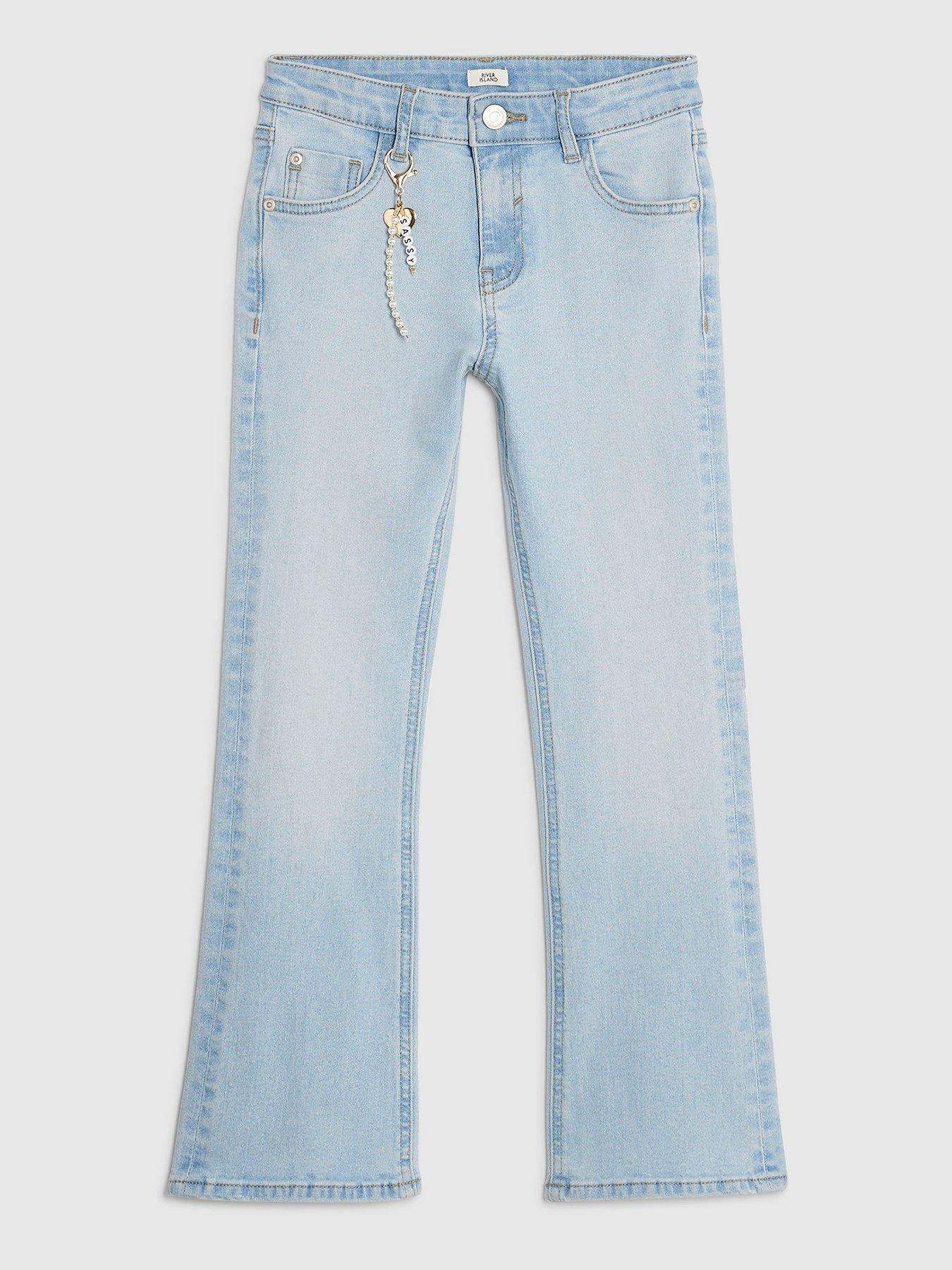 Image 1 of 4 of River Island Older Girls Sassy Keychain Flared Jeans - Blue