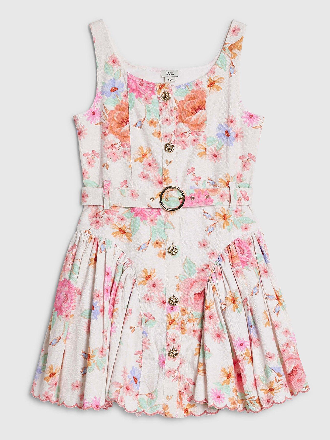 River Island Older Girls Floral Print Denim Prom Dress - White