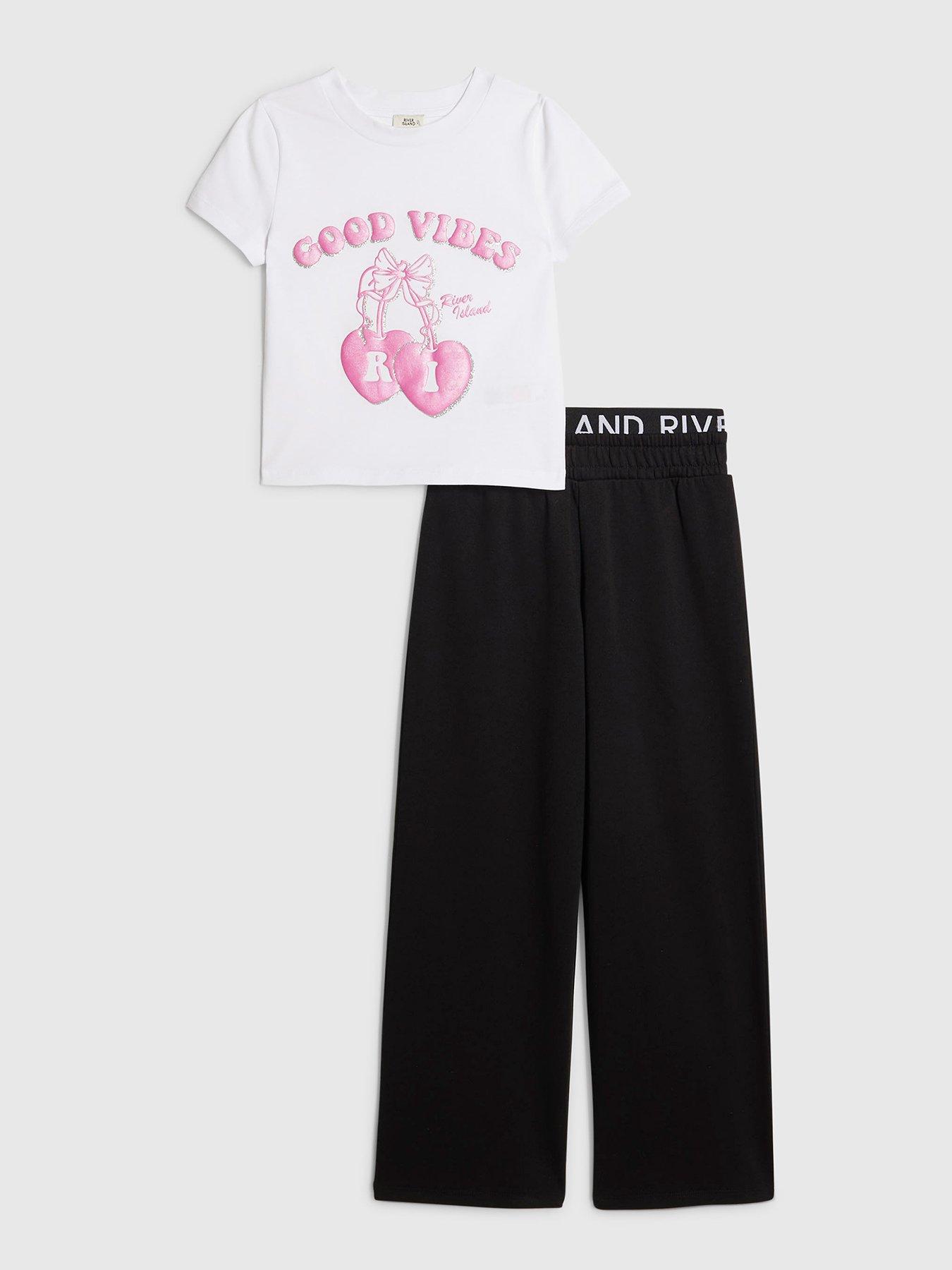 River Island Older Girls Bow Good Vibes T-Shirt Set - Black