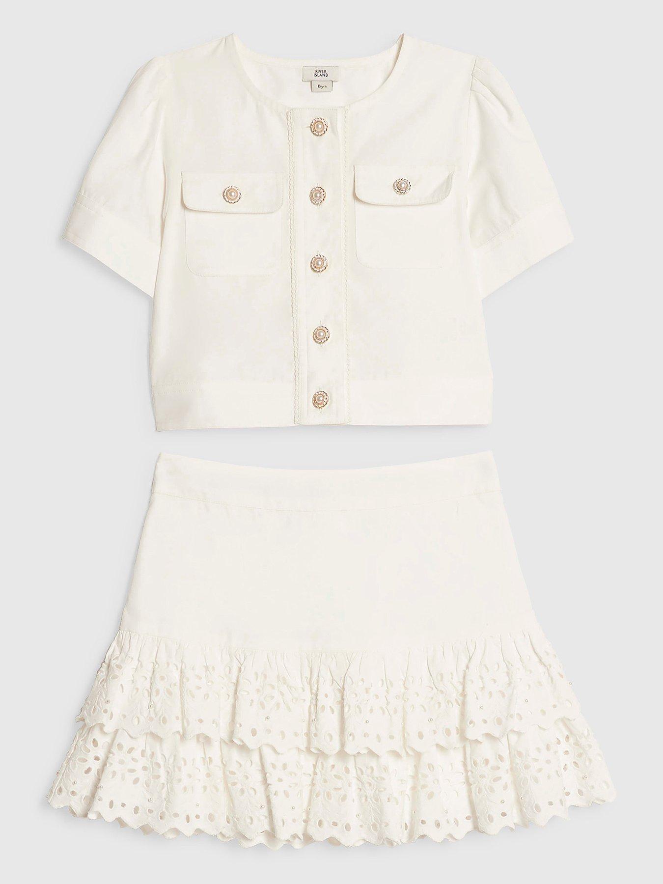 River Island: Older Girls Broderie Hem Skirt Set - White