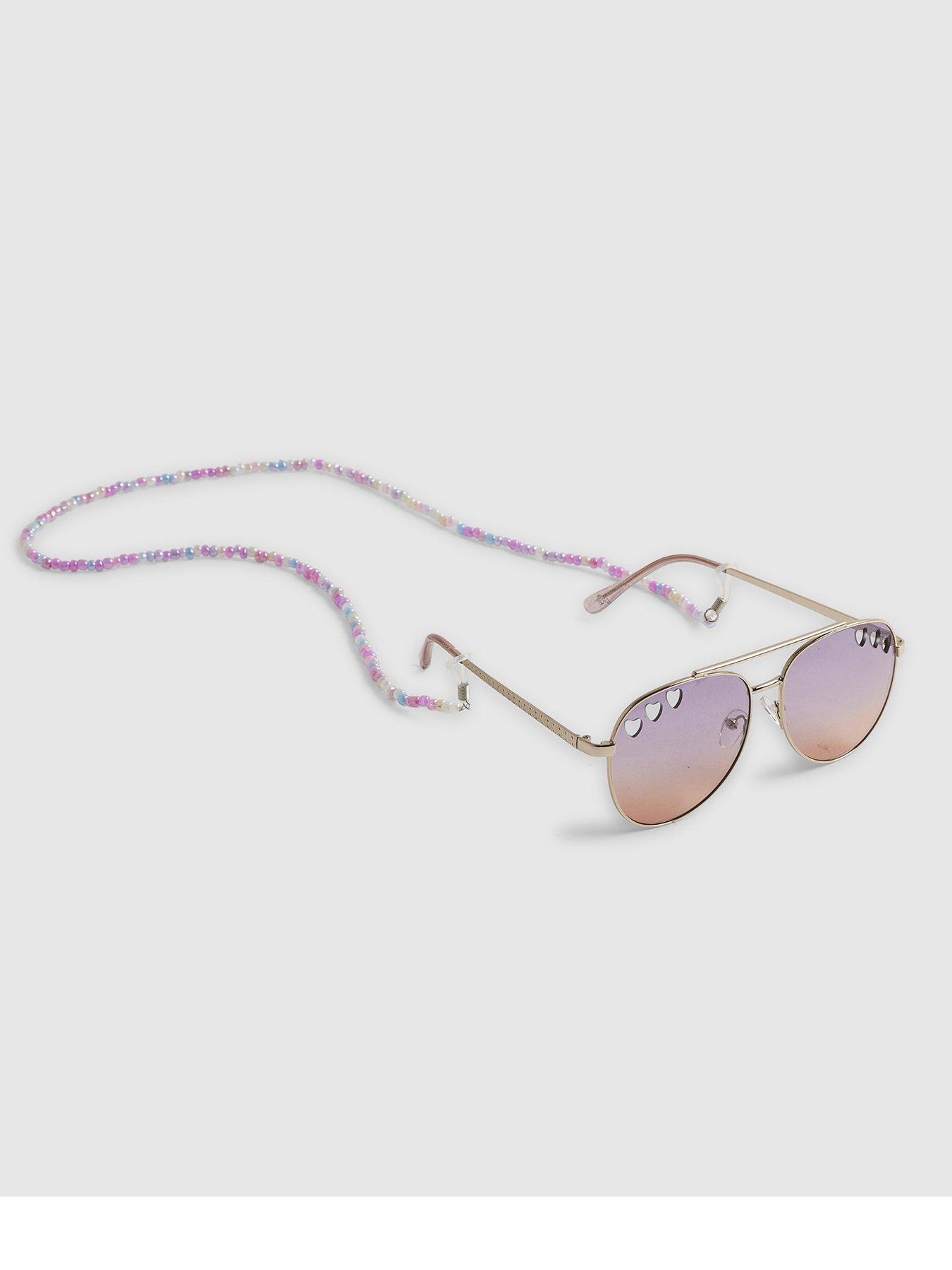 River Island: Older Girls Cut Out Heart Bead Aviator Sunglasses - Purple