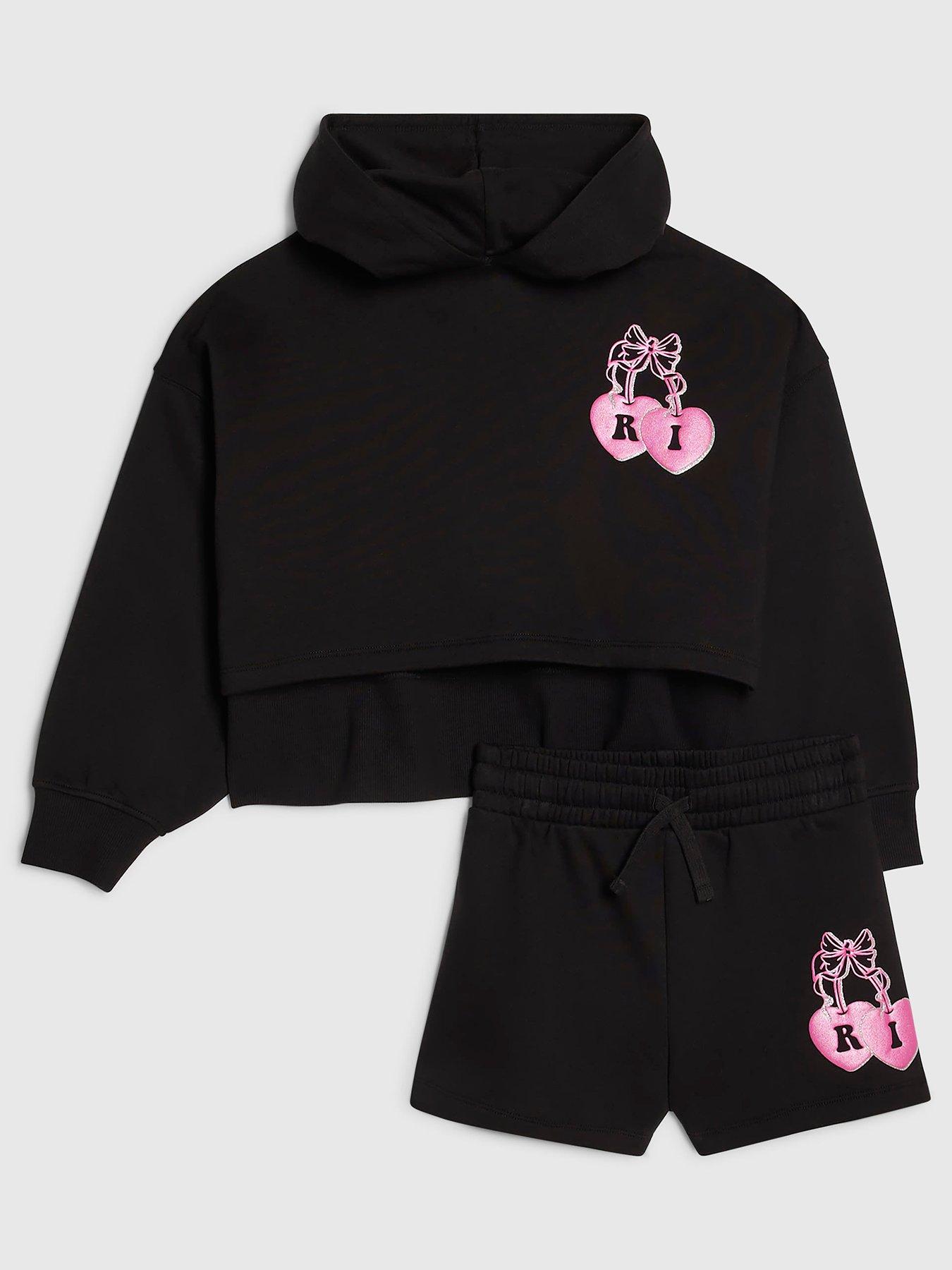 River Island Older Girls Cherry Back Print Hoodie And Shorts Set - Black