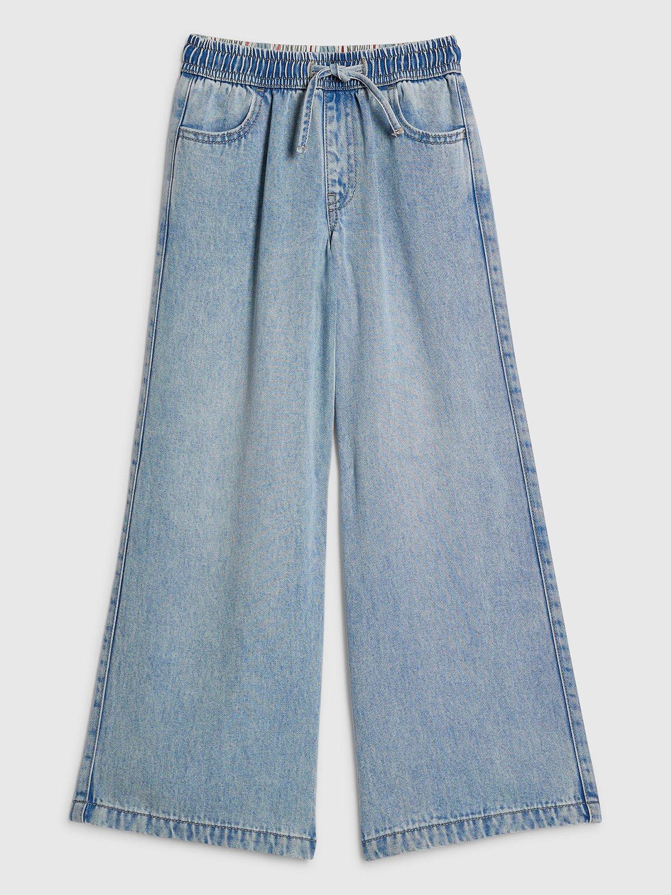 Image 1 of 4 of River Island Older Girls Loose Fit Drawstring Jeans - Blue