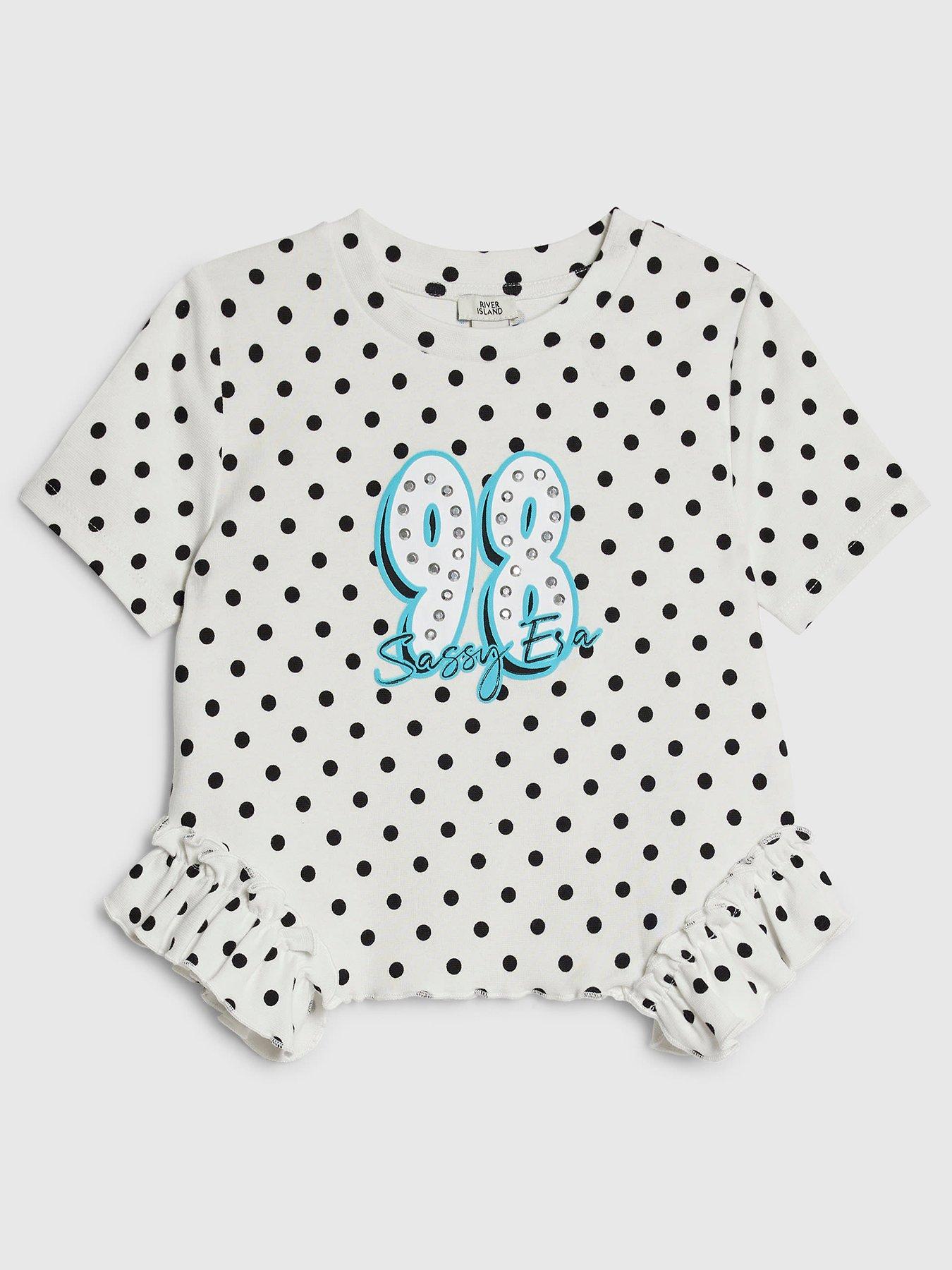 River Island Older Girls Polka Dot 98 Frill Hem T-Shirt, White, Size Age: 5-6 Years