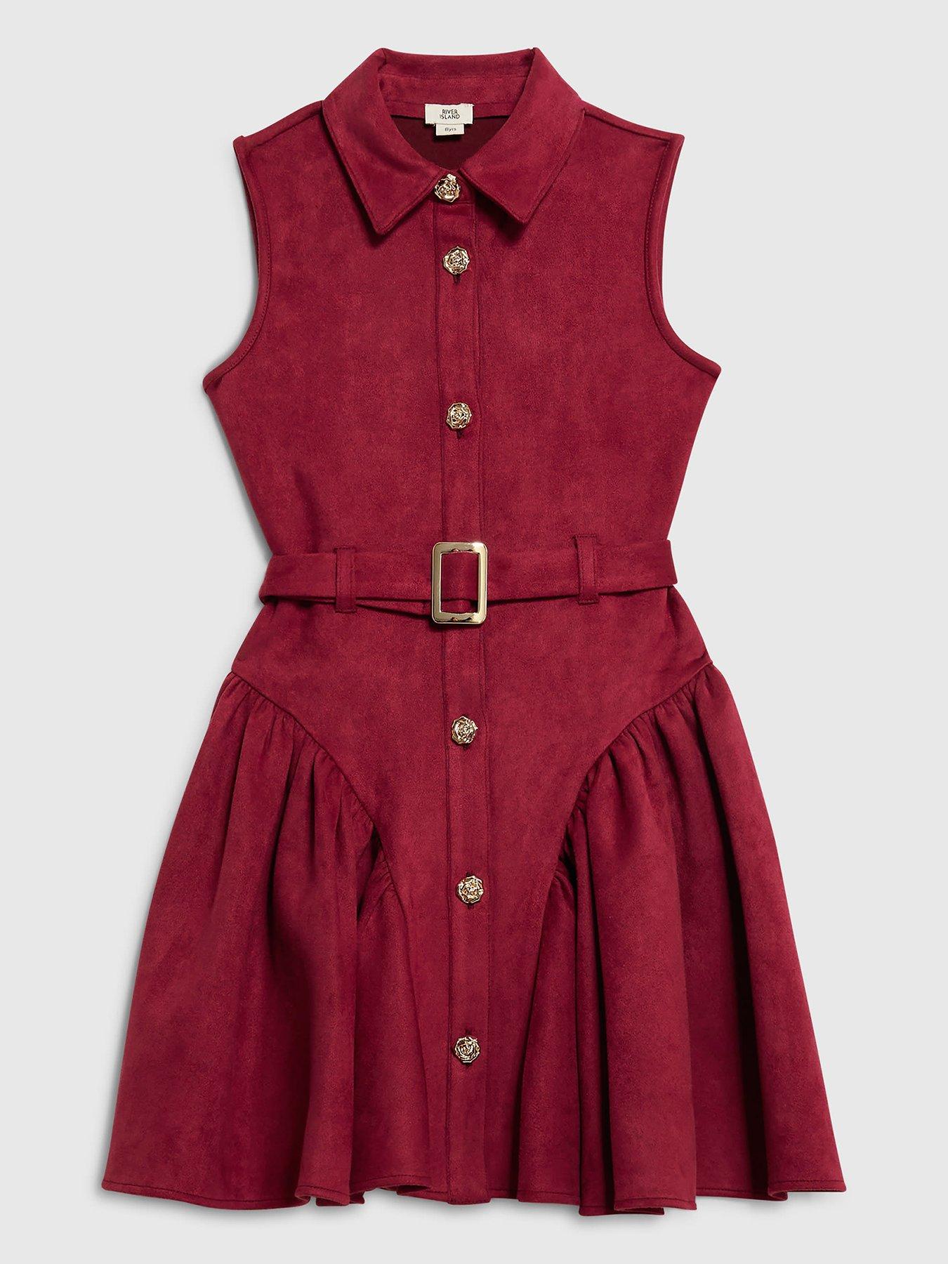 Image 1 of 4 of River Island Older Girls Suedette Sleeveless Prom Dress - Dark Red