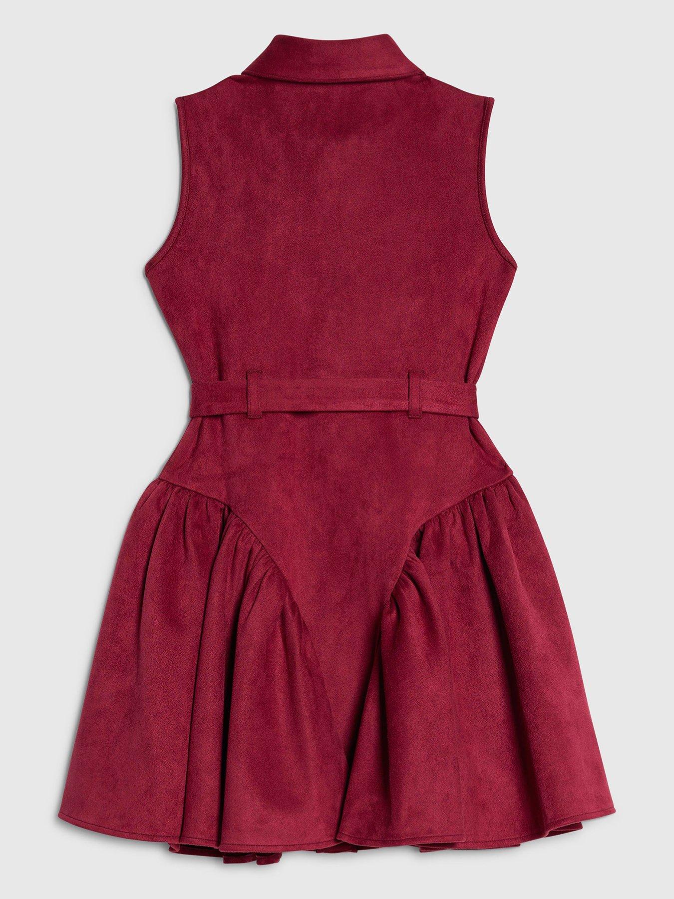 Image 2 of 4 of River Island Older Girls Suedette Sleeveless Prom Dress - Dark Red