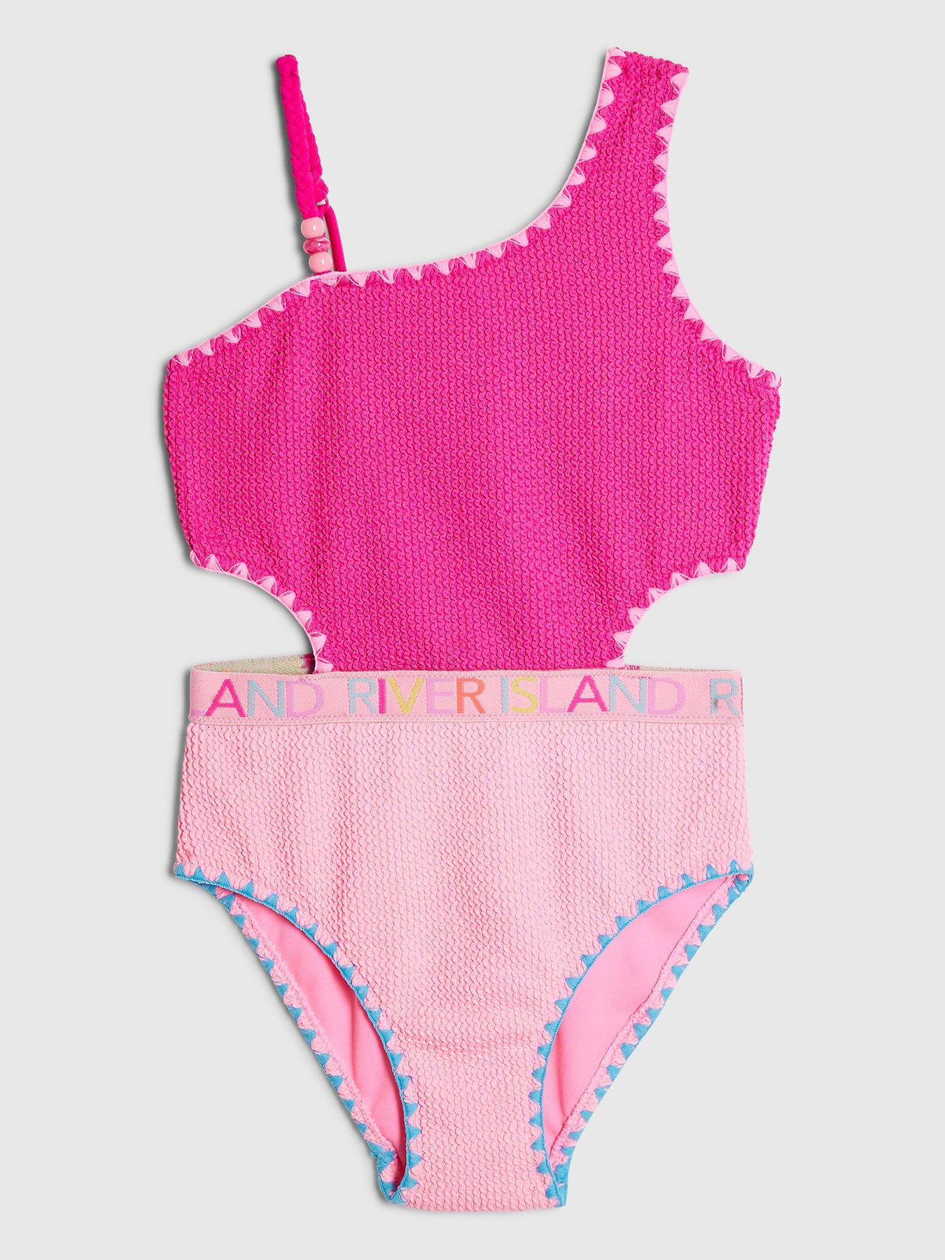 River Island Older Girls Textured Asymmetric Swimsuit - Pink