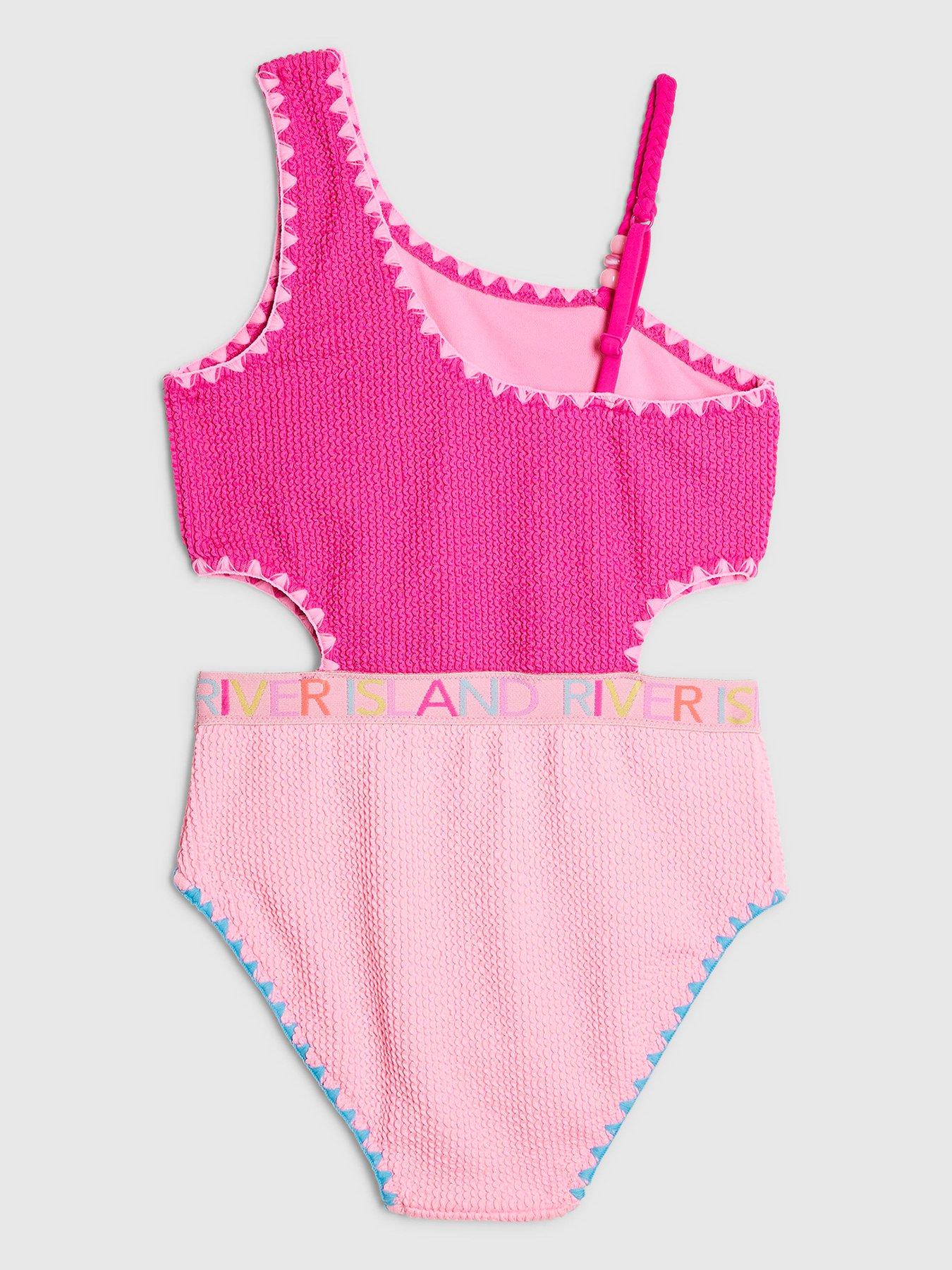 Image 2 of 4 of River Island Older Girls Textured Asymmetric Swimsuit - Pink