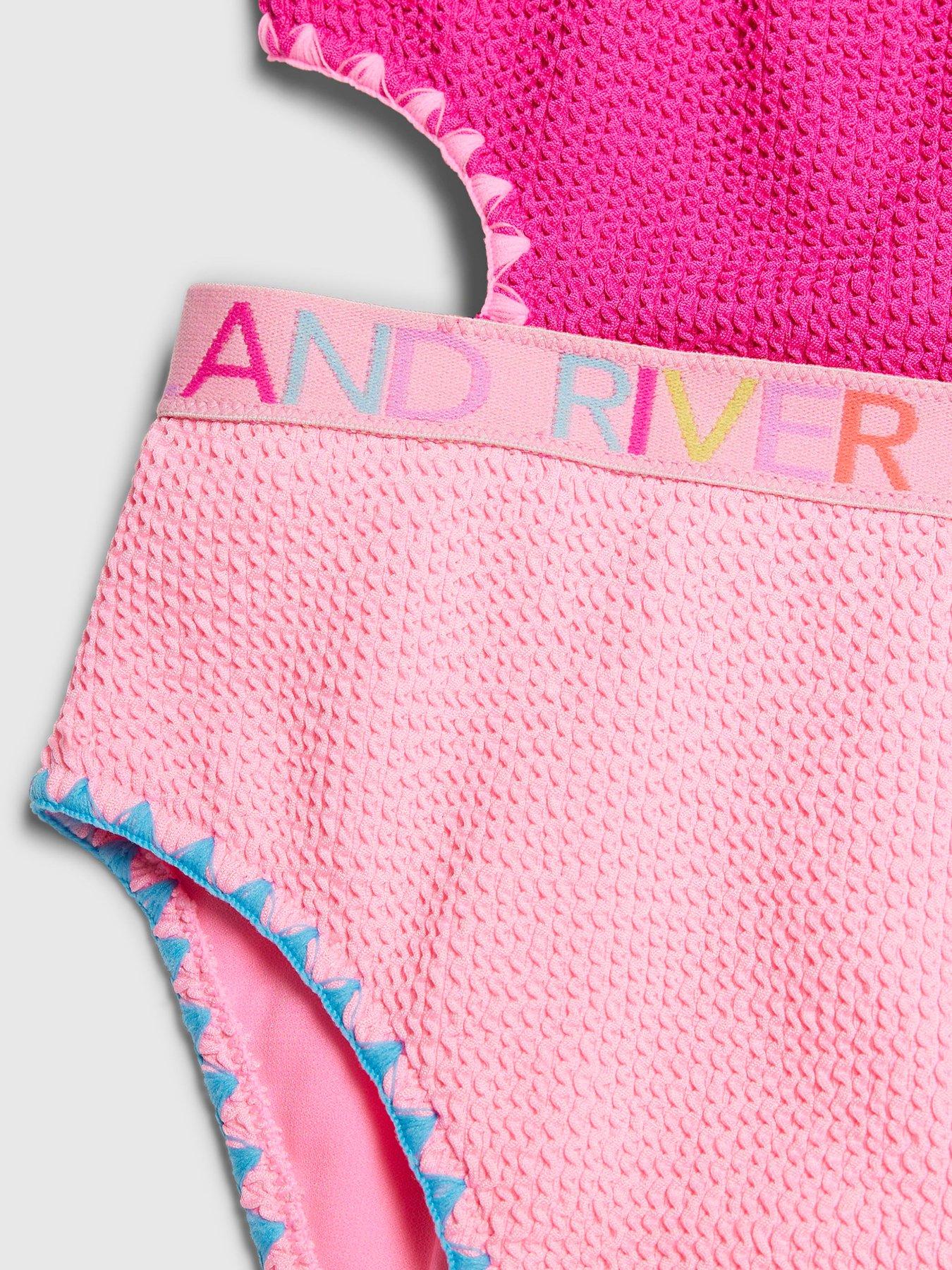 Image 4 of 4 of River Island Older Girls Textured Asymmetric Swimsuit - Pink